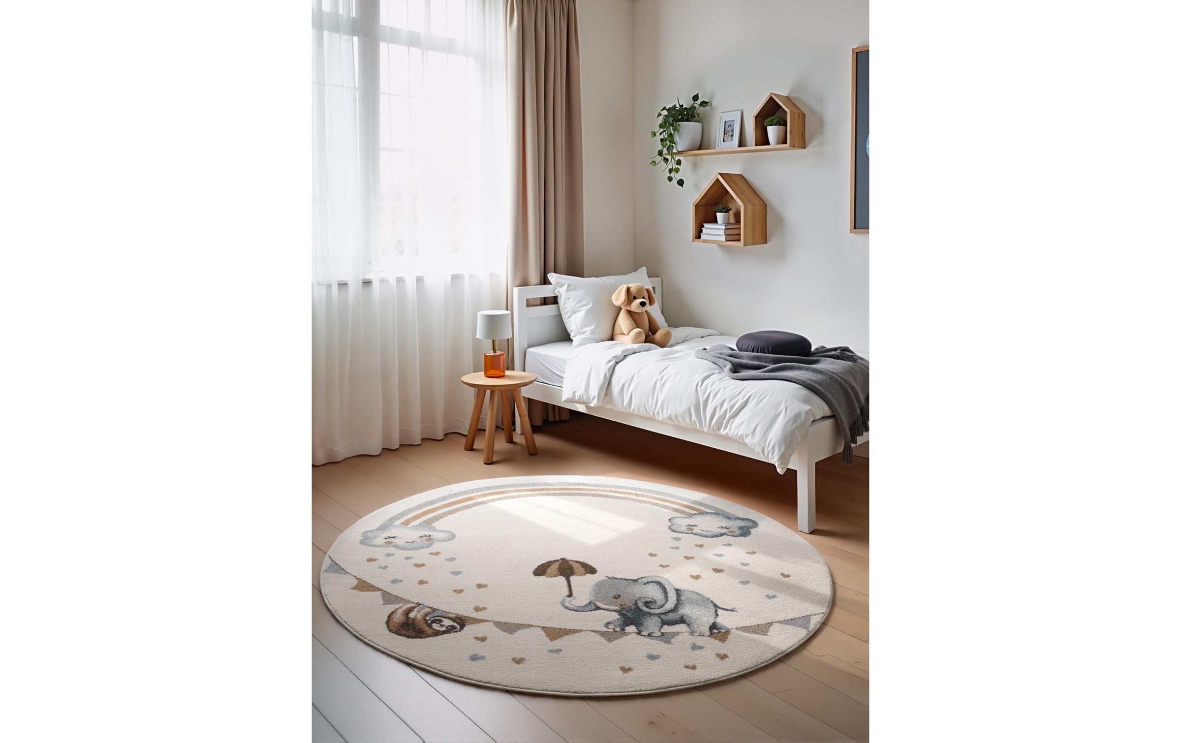 Villeroy & Boch Tapis pour enfants »Walk like an Elephant Rainbow Teppich« Rond 9 mm Höhe Spielteppich weich, Kinderzimmer, Boho Kids Spielunterlage, Tieremotiv