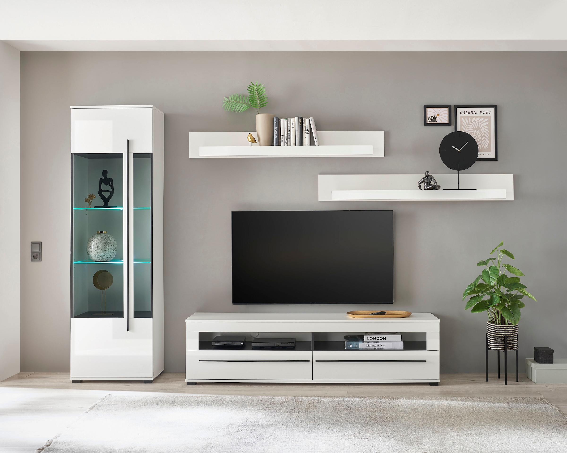 INOSIGN Wohnwand »Cantara, moderne Anbauwand, Wohnzimmer-Set, in Eiche Evoke oder Weiss«, (Set), enthält eine Vitrine, ein Lowboard und zwei Wandboards