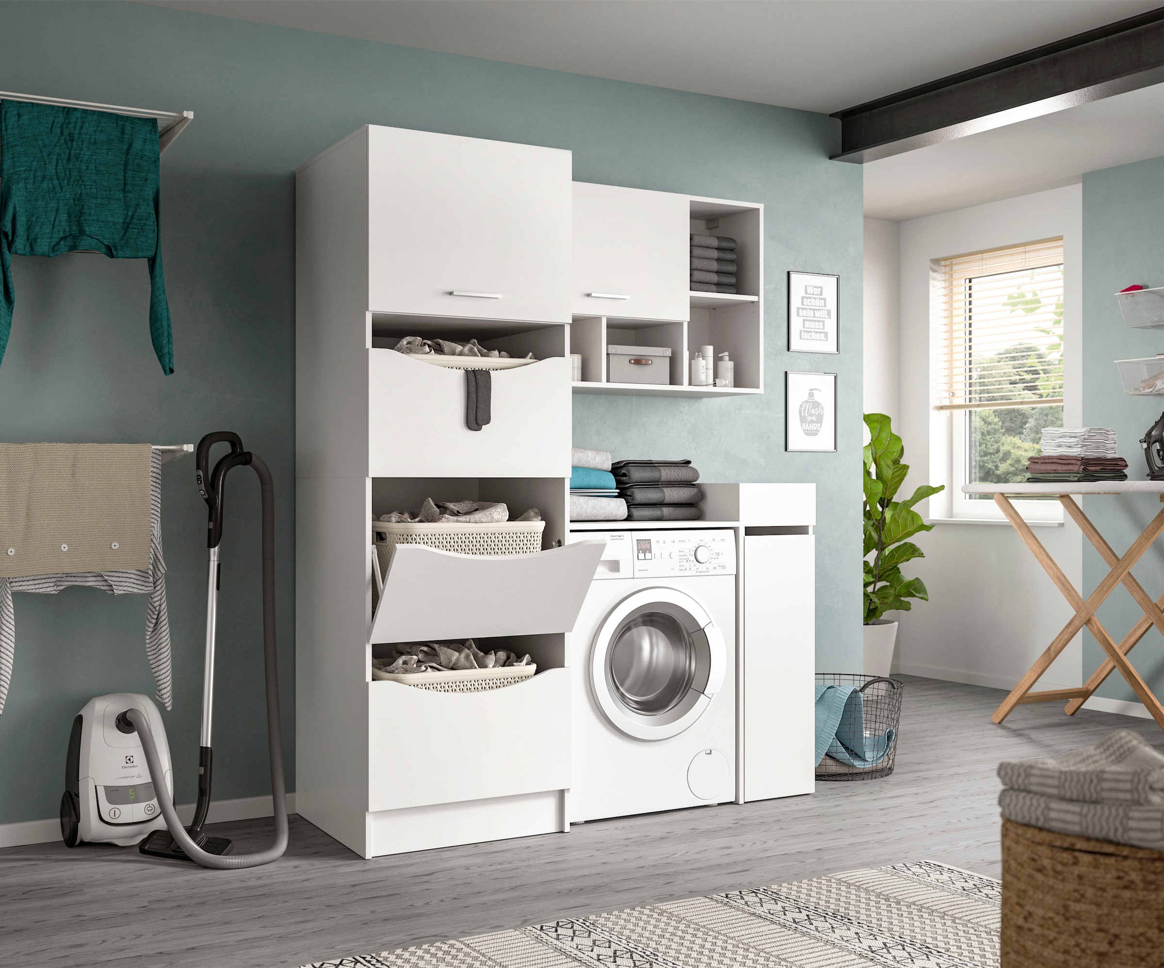 welltime Badmöbel-Set »FALAS, TOPSELLER!, 4-teilig, Hauswirtschaftsraum Set, Breite 126 cm« Set, Wäschschrank, Waschmaschinenumbauschrank, Standregal, Hängeschrank, 4 Stk. tlg.