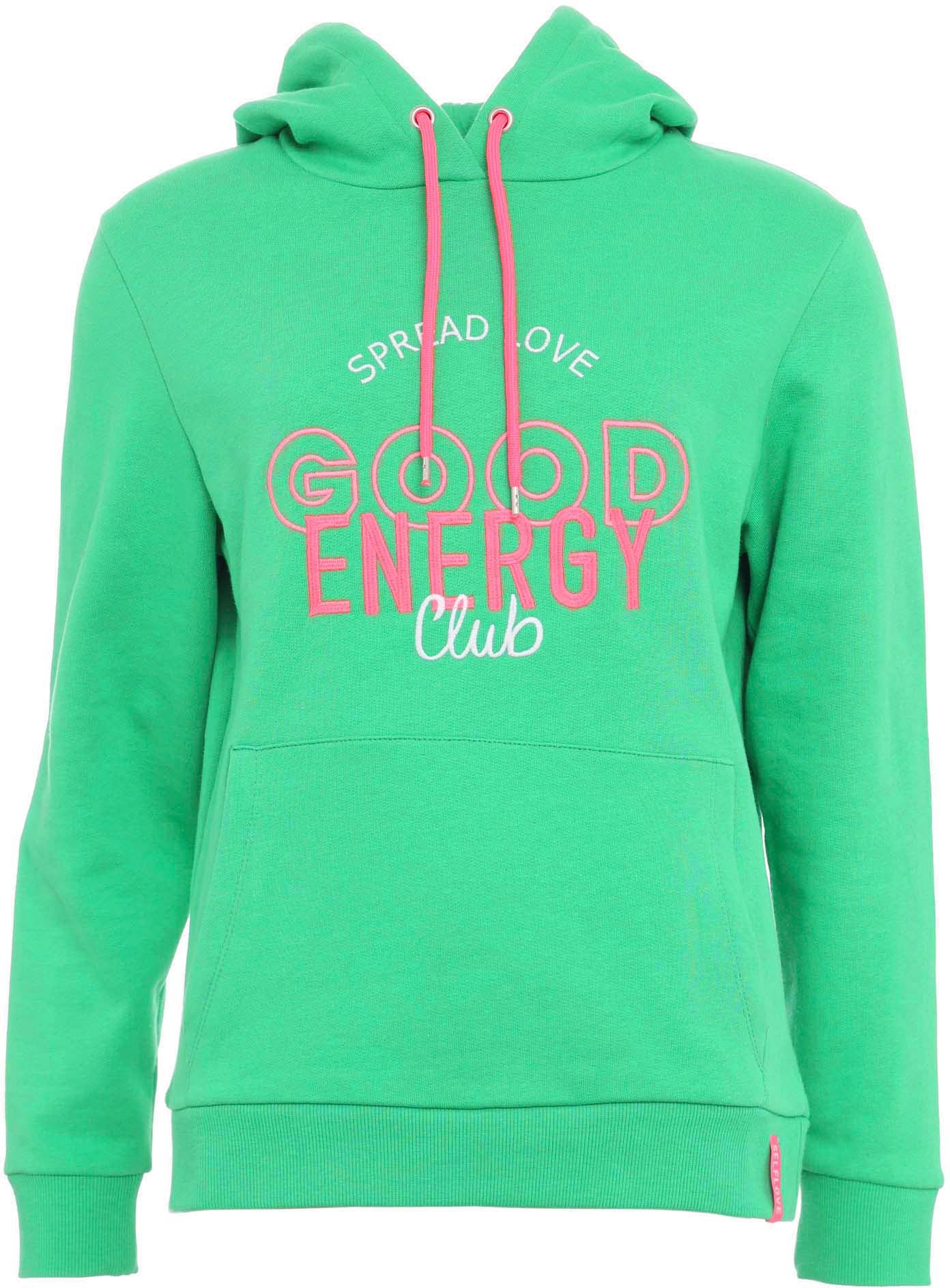 Zwillingsherz Kapuzensweatshirt, mit "Good Energy"-Stickerei und pinken Kordeln