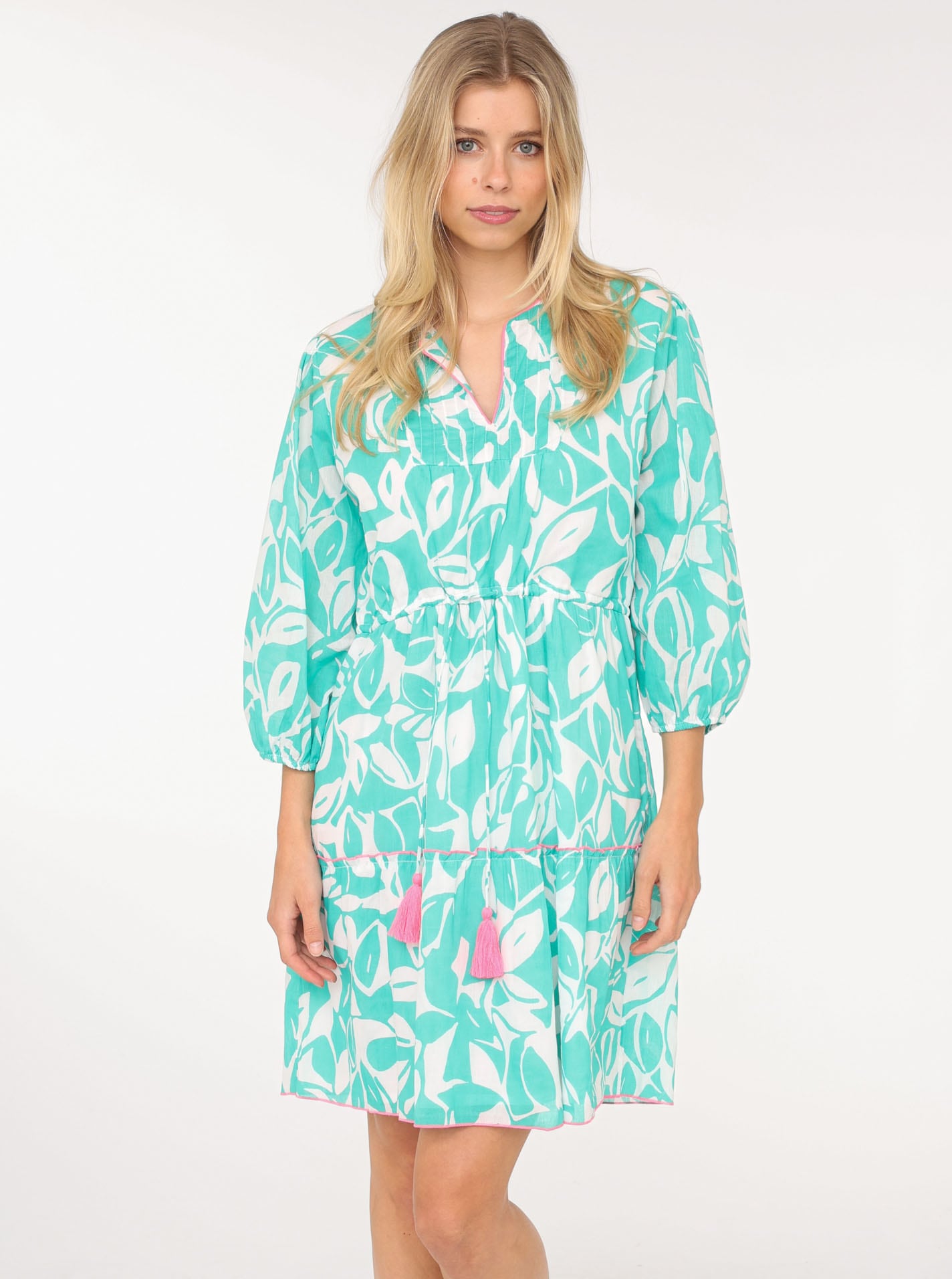 Image of Zwillingsherz Sommerkleid ""Blätter Zweifarbig"" Ohne Taschen mit Tasseln und kontrastfarbigen Details