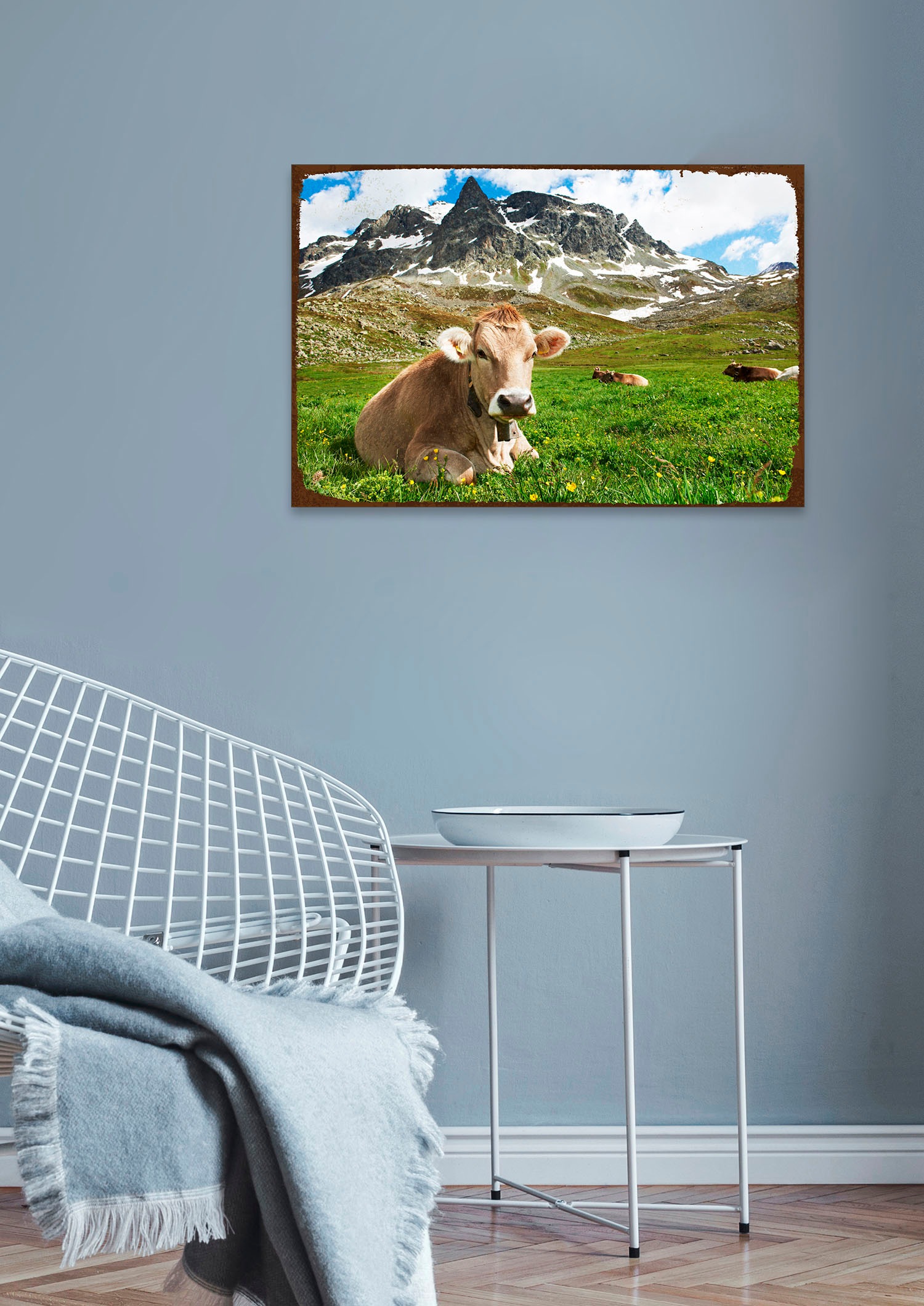 Image of queence Metallbild "Kuhwiese" Berge & Alpenbilder Kuhbilder Schriftzüge Tiere 1 Stk. tlg. Stahlschilder