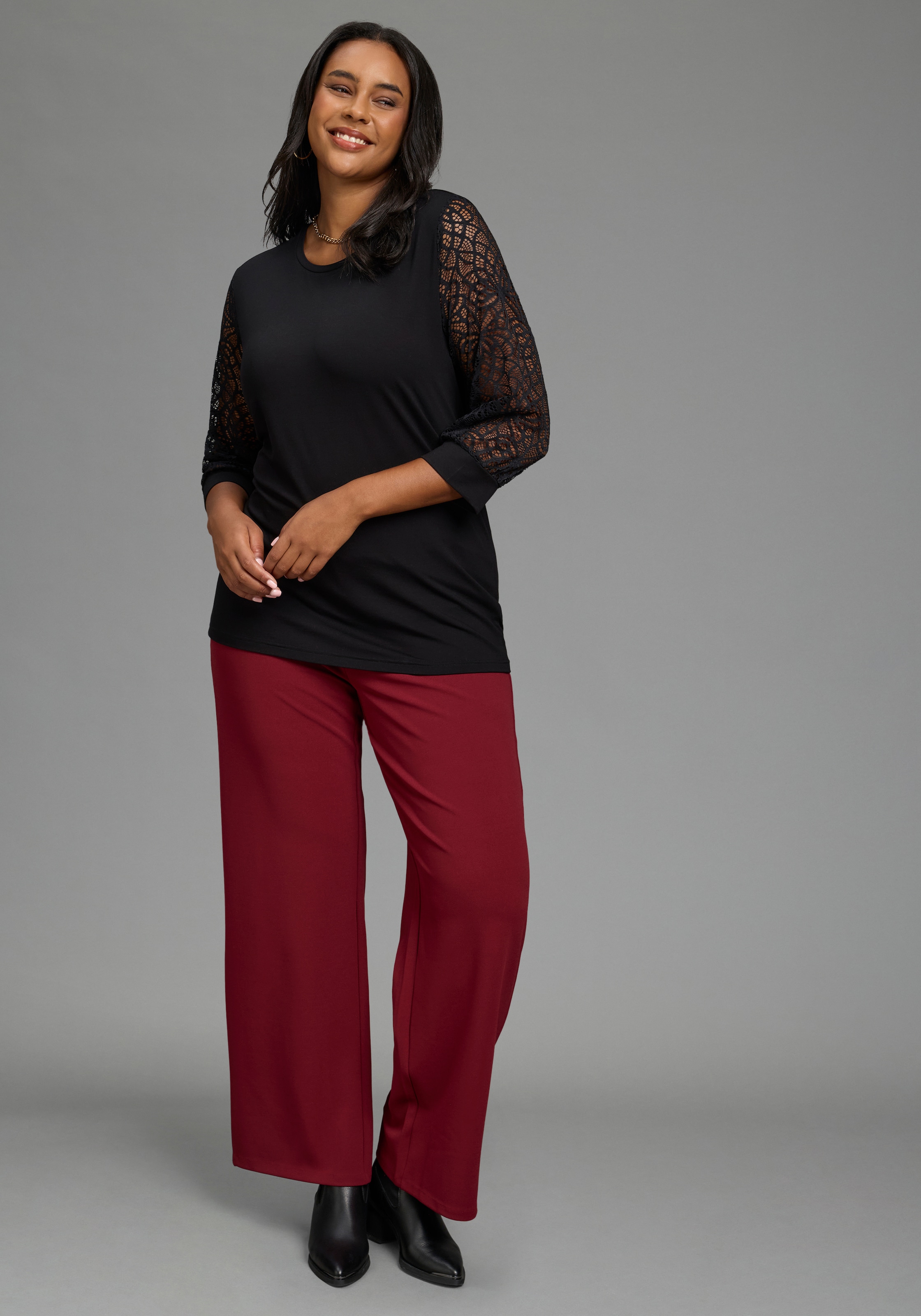 Laura Scott CURVE Chemise en dentelle »Grosse Grössen« coupe ajustée, avec manches bouffantes, manches 3/4, col rond
