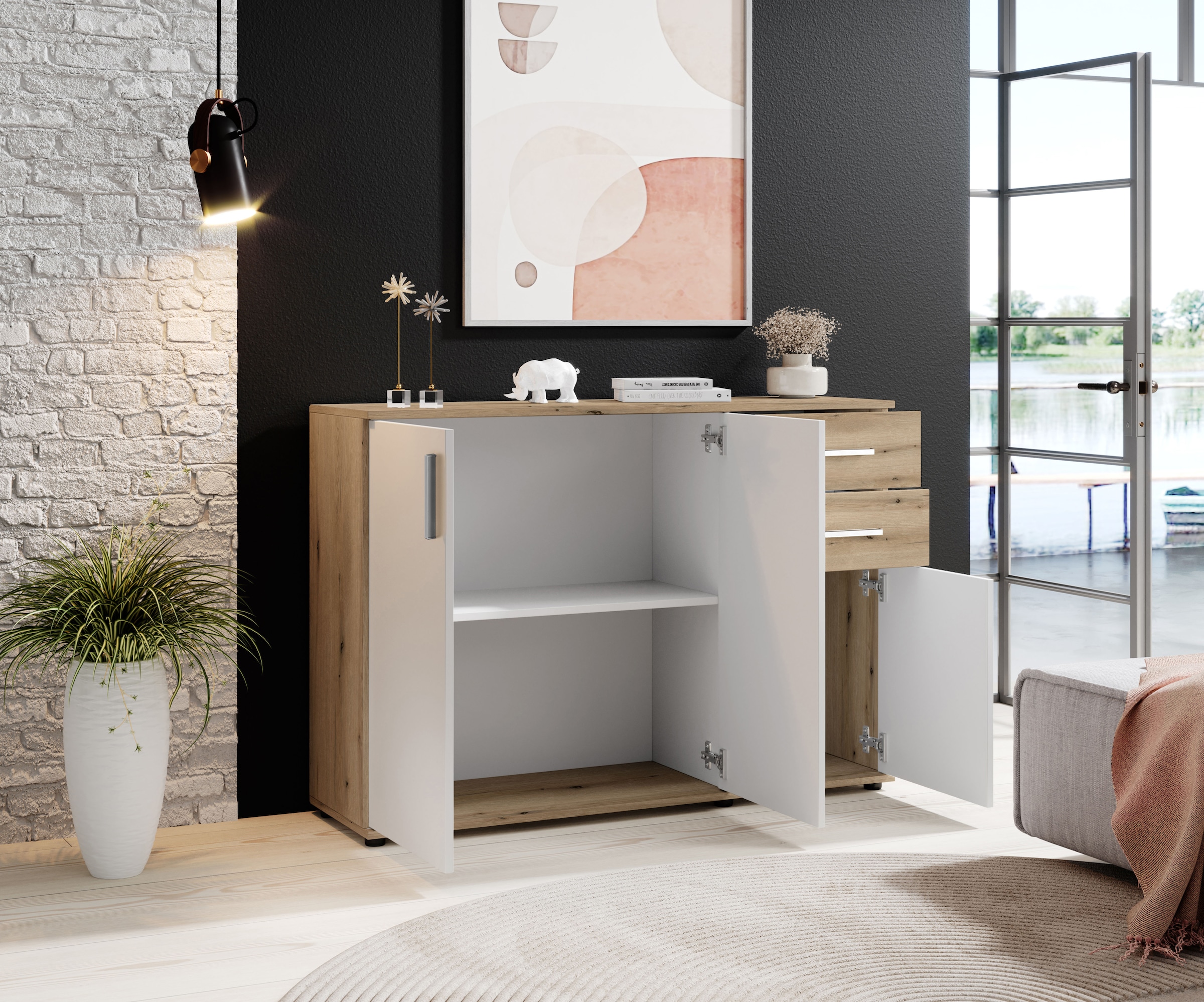 HBZ Kommode »BC-Drift-2, Sideboard Stellmass BxHxT 120x84x35 cm« 1 Stk. tlg. Kommode mit 3 Türen, 2 Schubkästen und 1 Einlegeboden