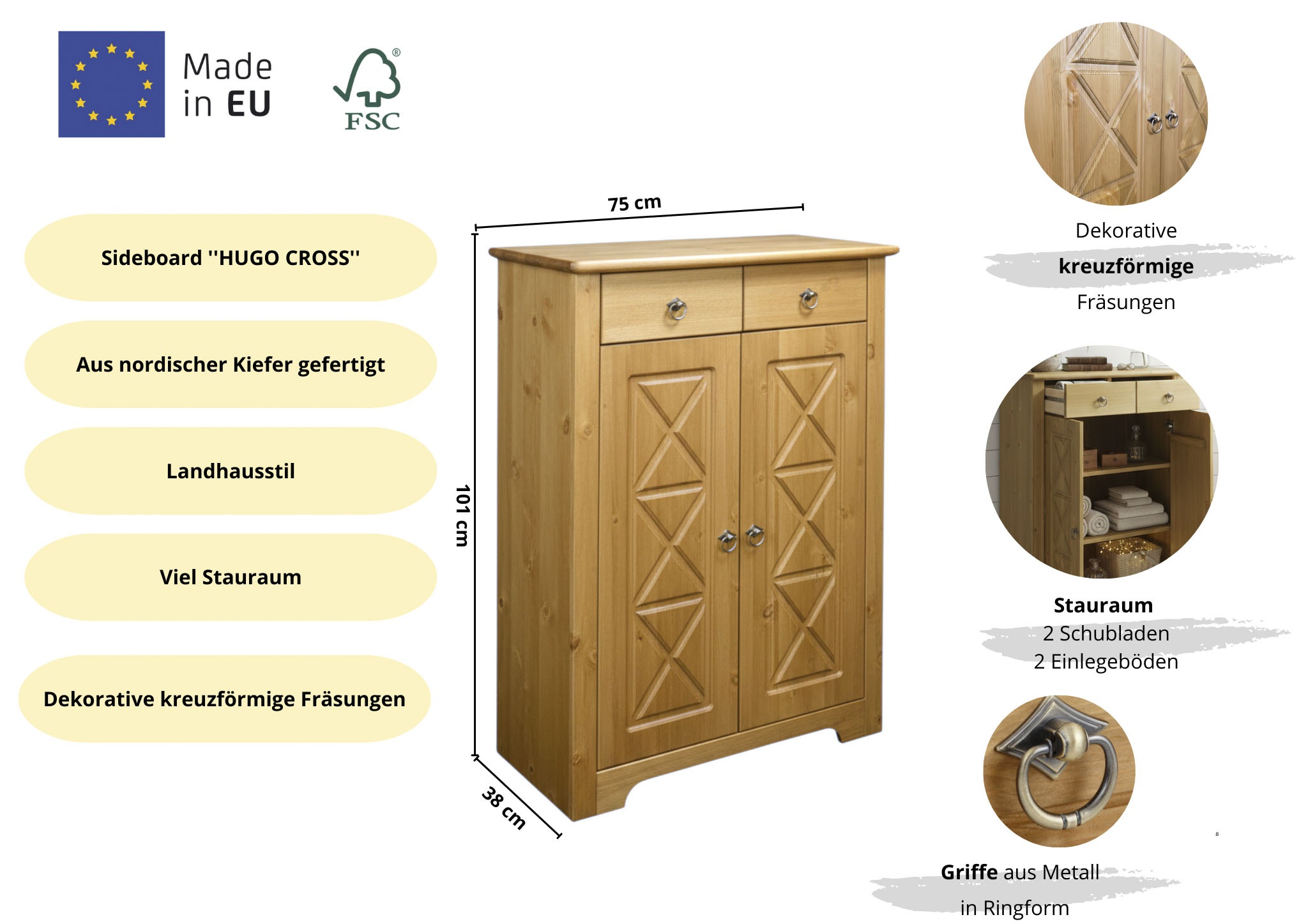 GOODproduct Kommode »Hugo« B/T/H: 74/38/100 cm,  aus massiver Kiefer, Breite 74 cm,  2 Schubladen, FSC® zertifiziert
