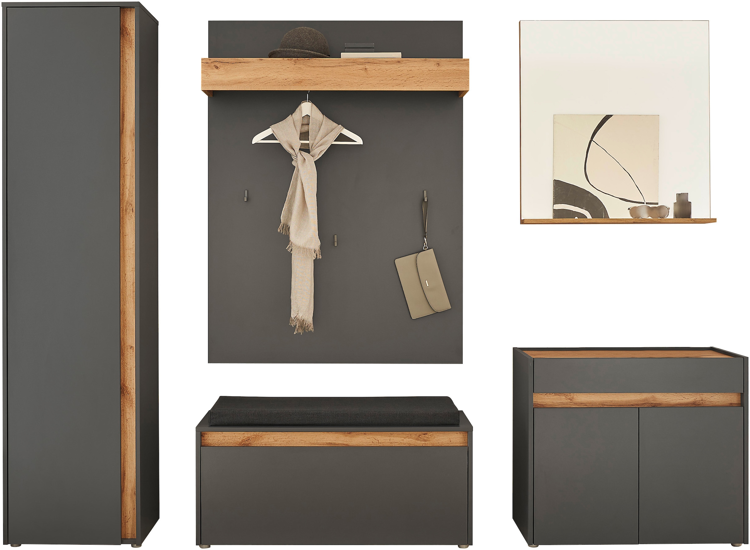 INOSIGN Garderoben-Set »GIRON/ CiTY, Garderobe in Wotan Eiche, moderner Garderobenschrank«, (Komplett-Set, 5 St.), enthält Schrank, Kommode, Spiegel, Paneel & Schuhbank +Sitzkissen
