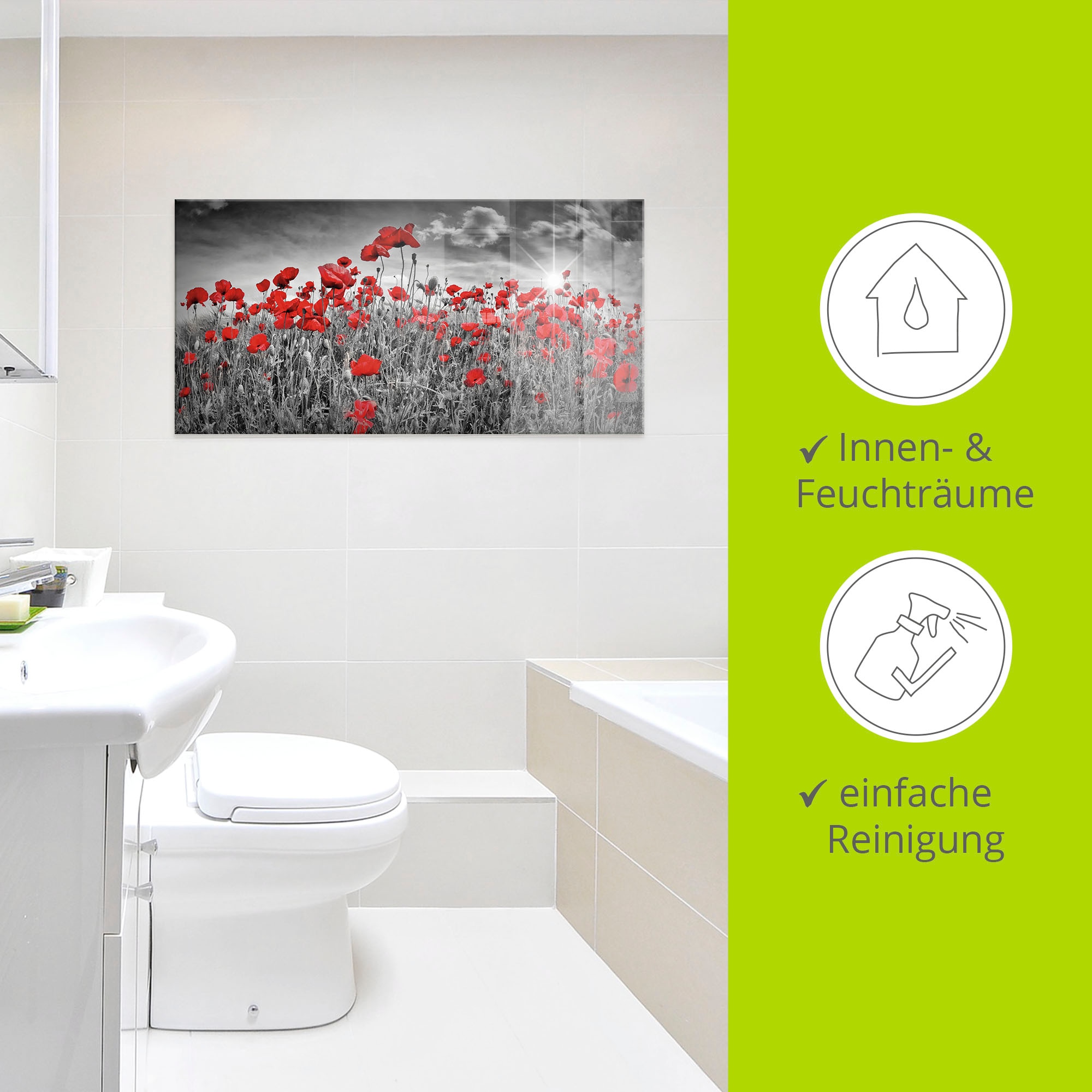 Artland Tableau en verre »Idyllisches Mohnblumenfeld mit Sonne« 1 cuis tlg. in verschiedenen Grössen