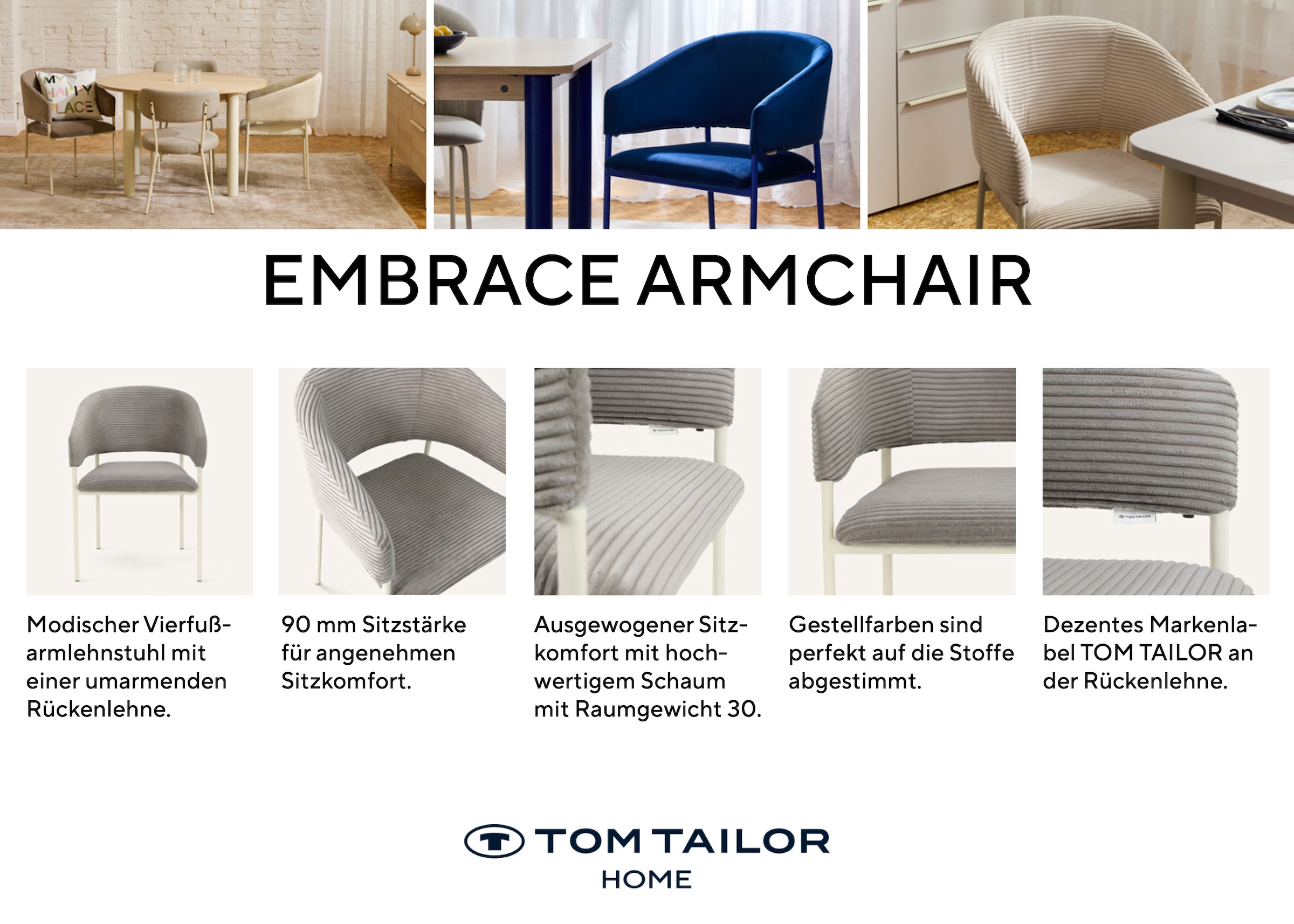 TOM TAILOR HOME Chaise avec accoudoirs »EMBRACE ARMCHAIR« (Set) 2 cuisEsszimmerstuhl, mit Armlehnen, 4-Fussgestell, Rückenausschnitt