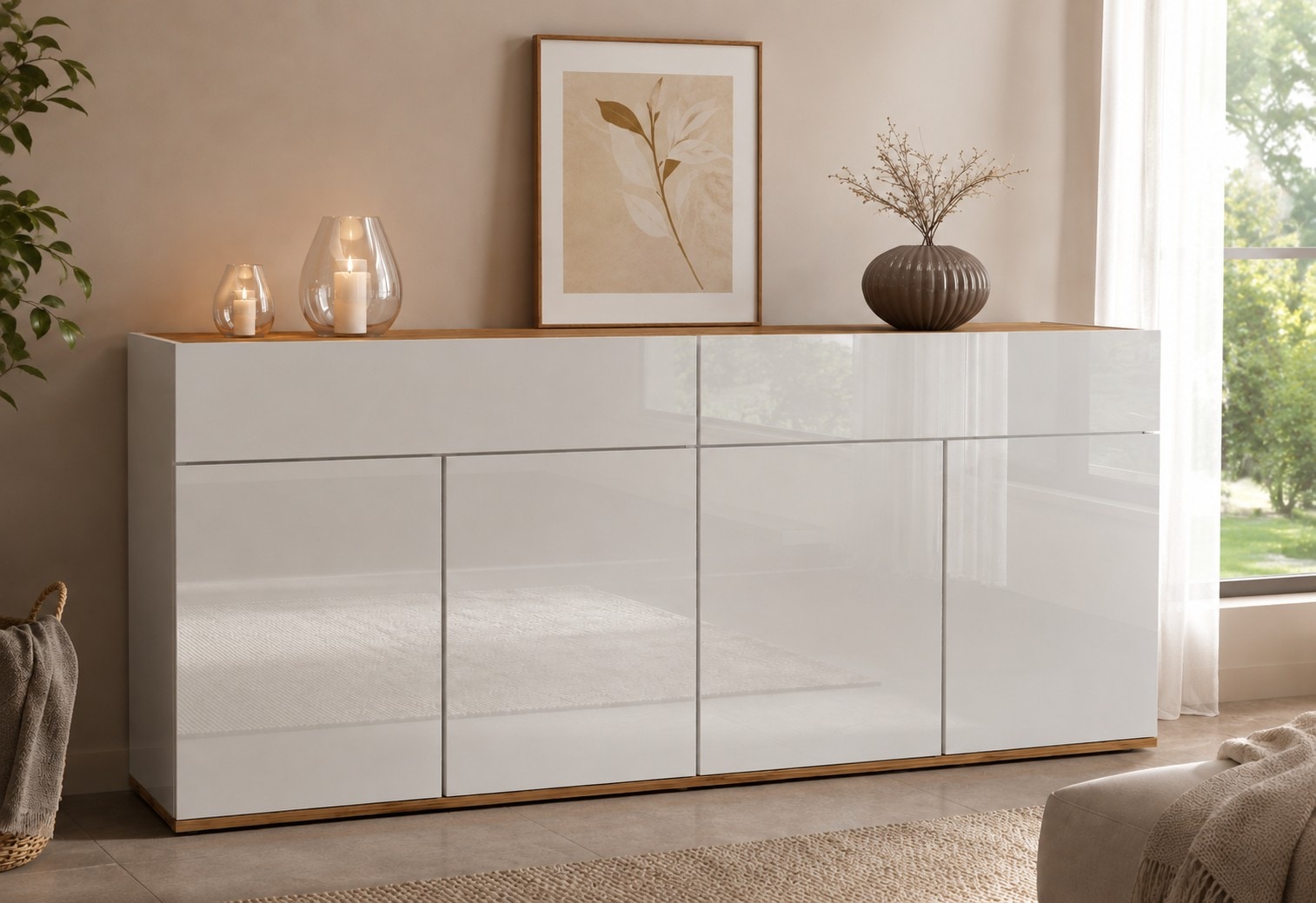 OTTO home Sideboard "Garda Kommode, Schrank, 4 Türen mit Push-to-Open, Made in Italy" Hochglanzlackierte Fronten,2 Schubladen, grifflos Breite 160,1 cm