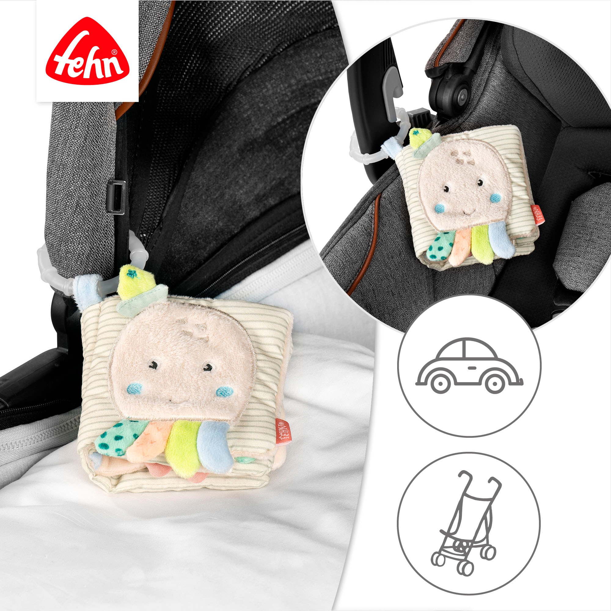 Fehn Greifspielzeug »Meereskinder, Stoffbuch Oktopus«, mit Ring zur Befestigung an Kinderwagen, Babyschale oder Bett