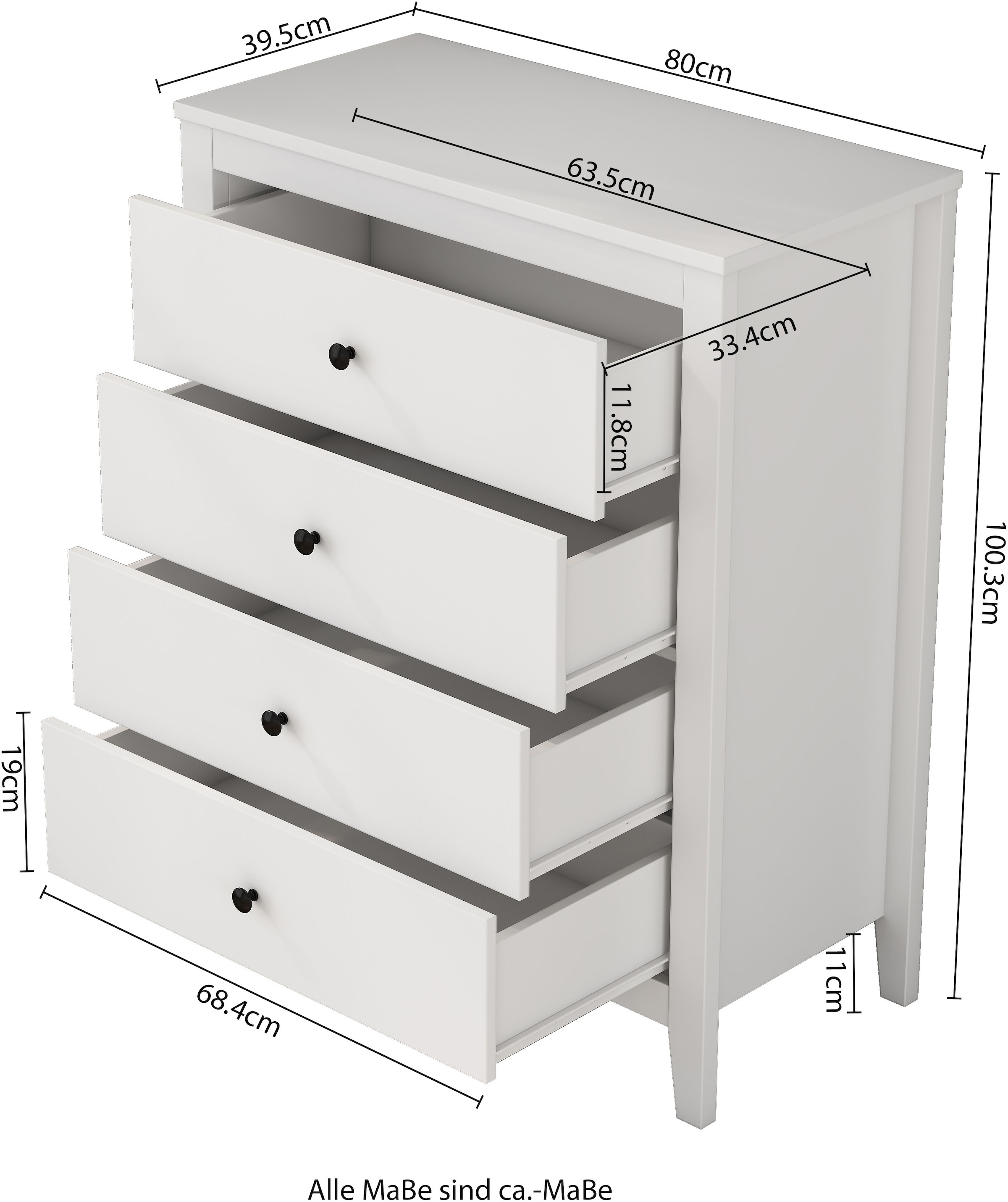 GOODproduct Commode à tiroirs »Borkum Sideboard mit 4 Schubladen Bestseller Landhaus weiss« hochwertige schwarze Griffe aus Metall, 