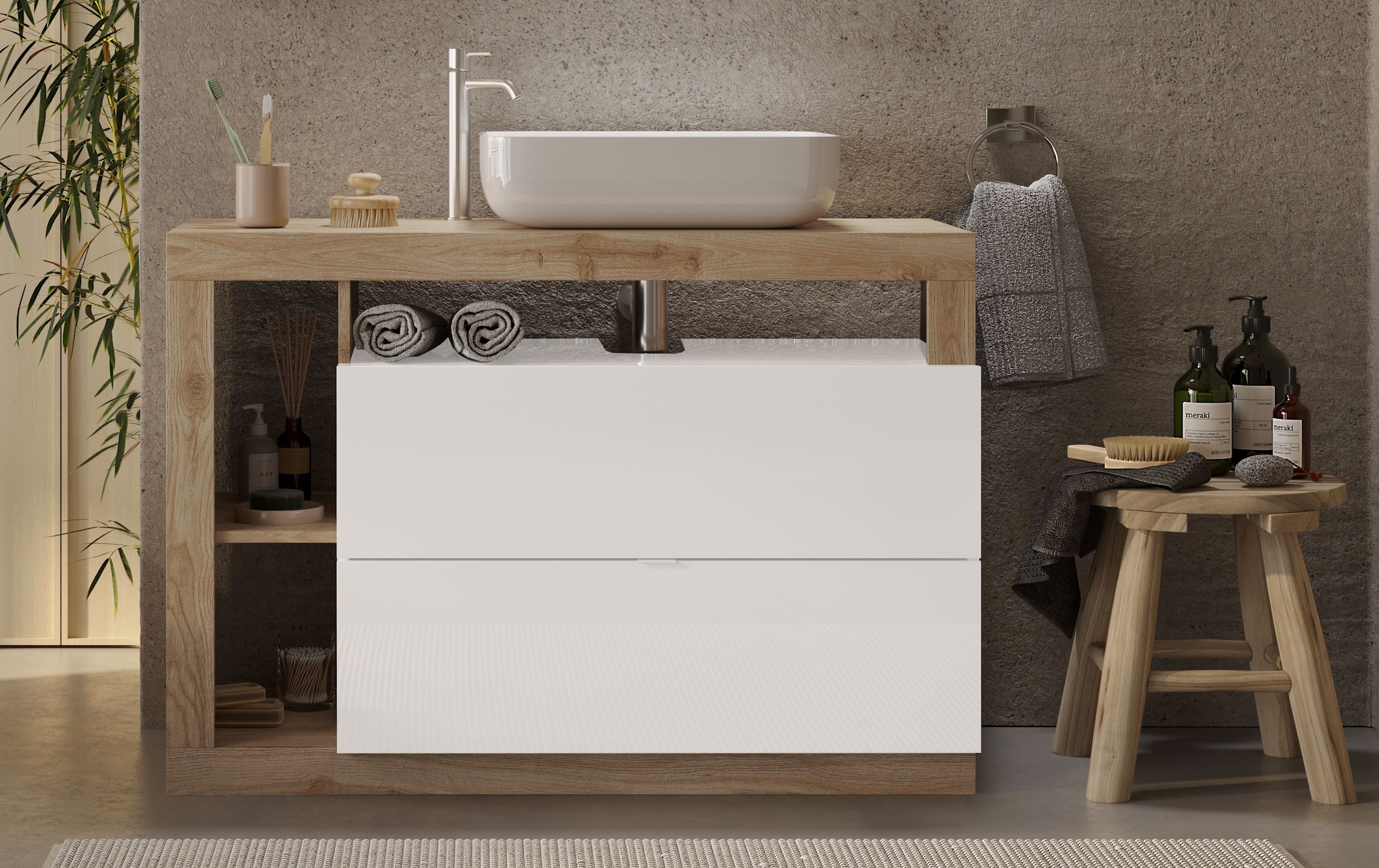 welltime Table de lavage »Hamburg« 2 Schubkästen, Breite 110 cm, Soft-Close, inkl. Keramik-Aufsatzbecken