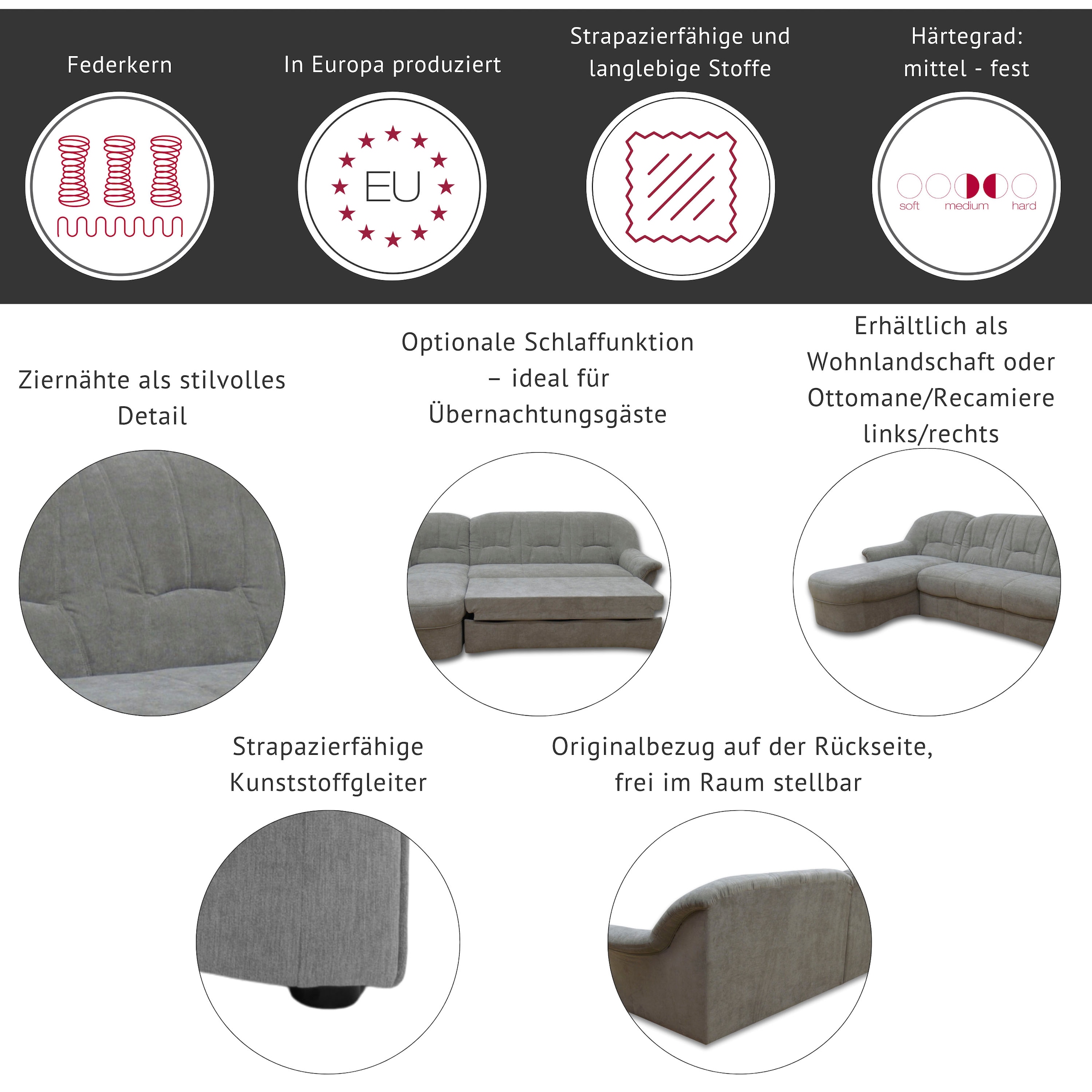 DOMO collection Canapé d'angle »Bahia, zeitlos und elegant, bequeme Armlehnen, L-Form« wahlweise mit Bettfunktion