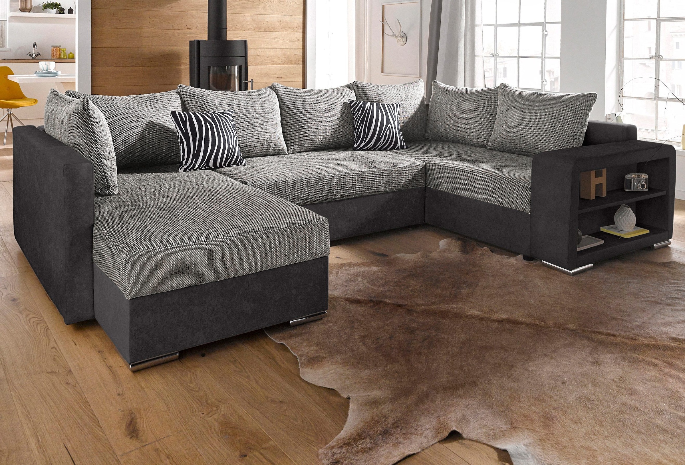 COLLECTION AB Wohnlandschaft »John U-Form, B: 294 cm« Schlaffunktion, Bettkasten, Regalelement & 2 Zierkissen, Federkern