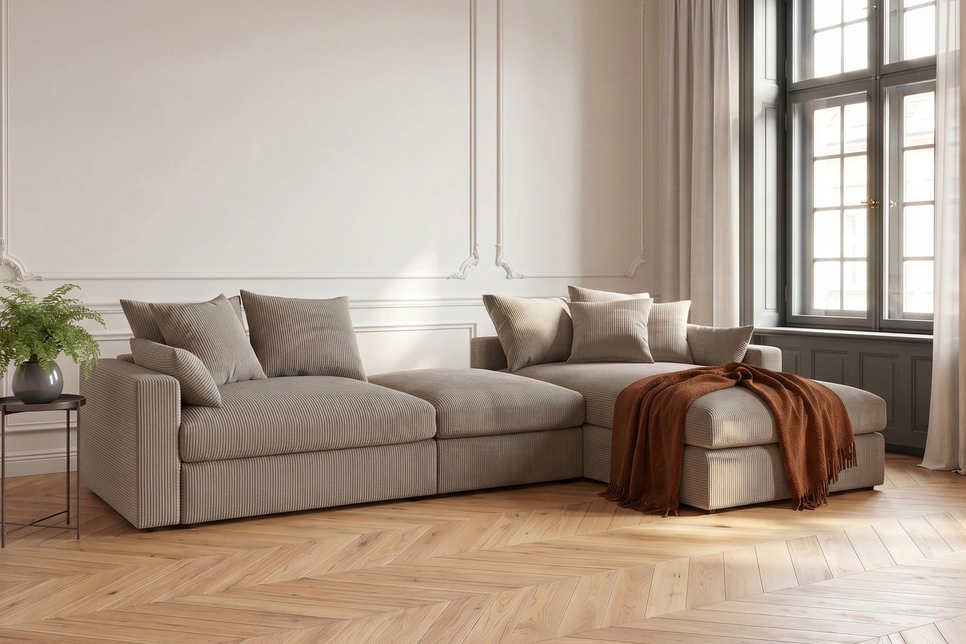 GOODproduct Canapé d'angle »Cosy Lounge U-Form, Breite 351 cm« méga canapé recouvert de velours côtelé, avec ressorts et 5 coussins décoratifs