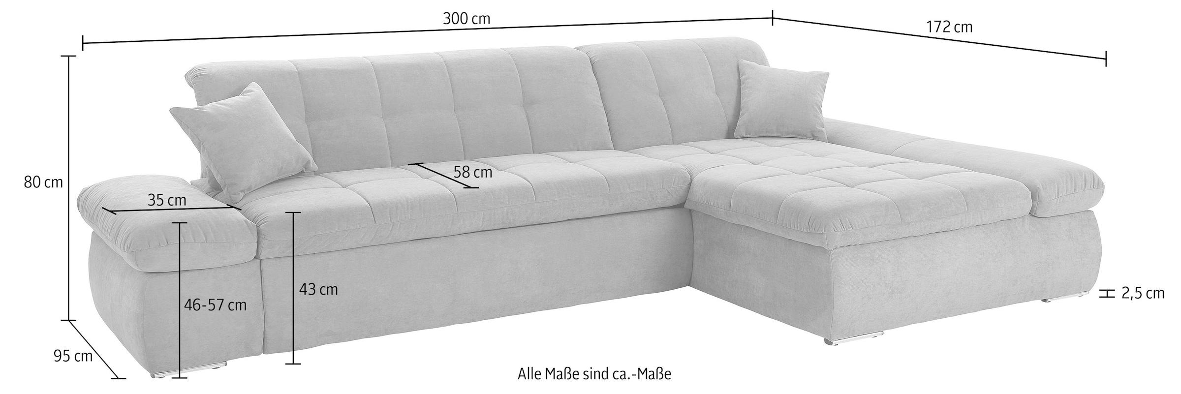 DOMO collection Canapé d'angle »MORIC Massiv! - Belastbar bis 140 kgxSitz, 300x172 cm, XXL-Format« forme en L, aspect chenille, gris