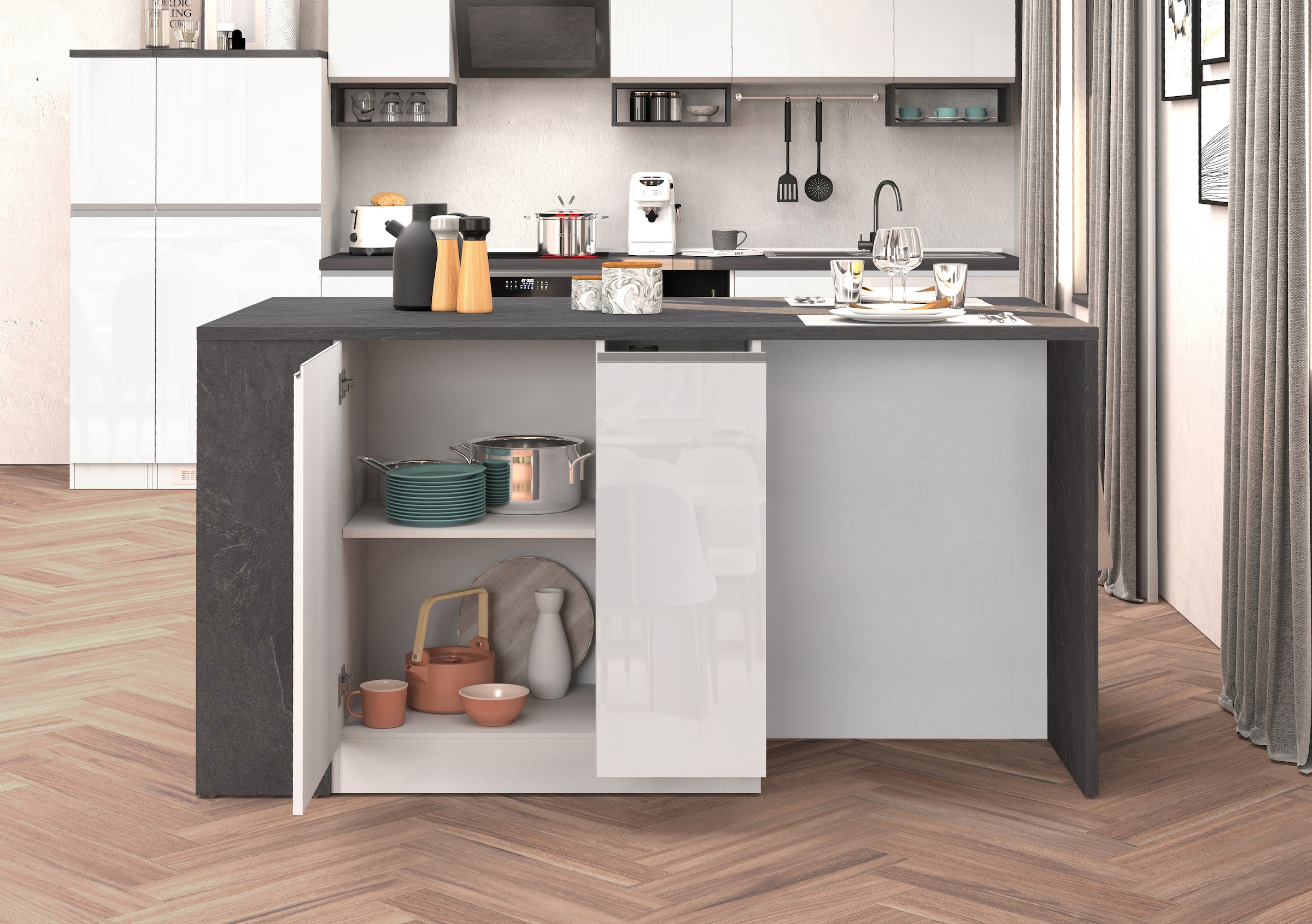 KOCHSTATION Ilot de cuisine »KS-Sole, Kochinsel, Küchenarbeitsblock, Arbeitsinsel, Made in Italy« Breite 167,5 cm, 2 Apothekerauszüge, 2 Essplätze, 1 offenes Regal