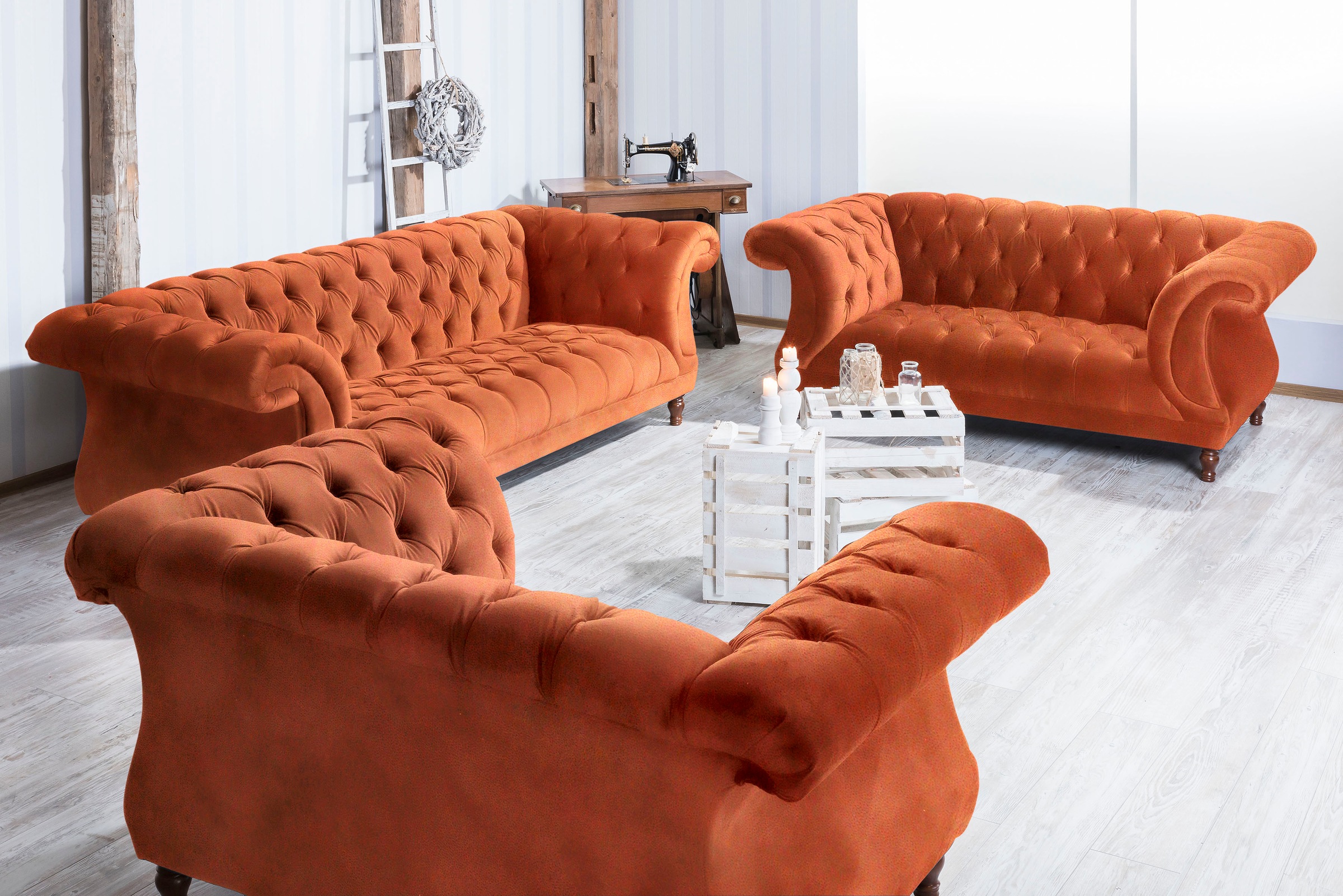 Max Winzer® Chesterfield-Sofa »Isabelle«, Knopfheftung & gedrechselten Füssen in Buche Nussbaum, Breite 200 cm