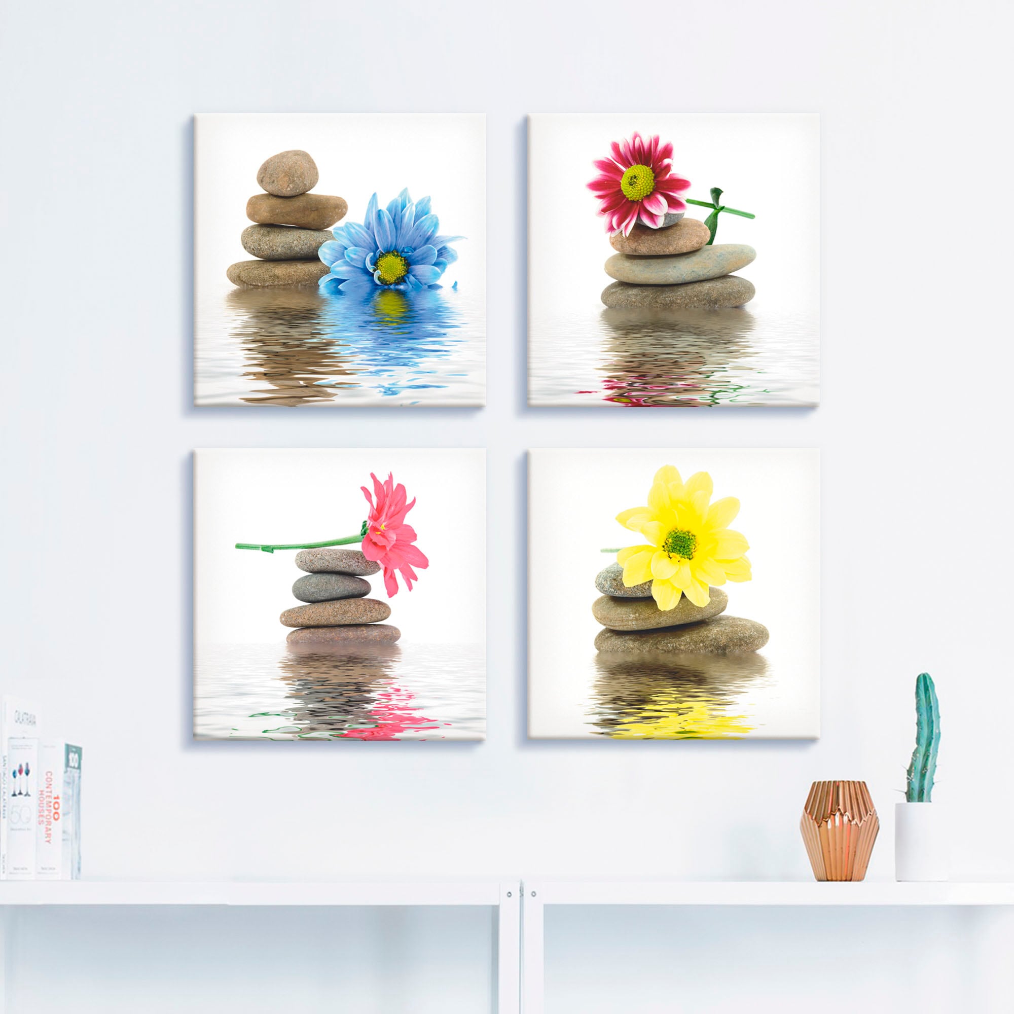 Artland Leinwandbild »Zen Therapie-Steine mit Blumen«, Zen, (4 St.), 4er Set, verschiedene Grössen
