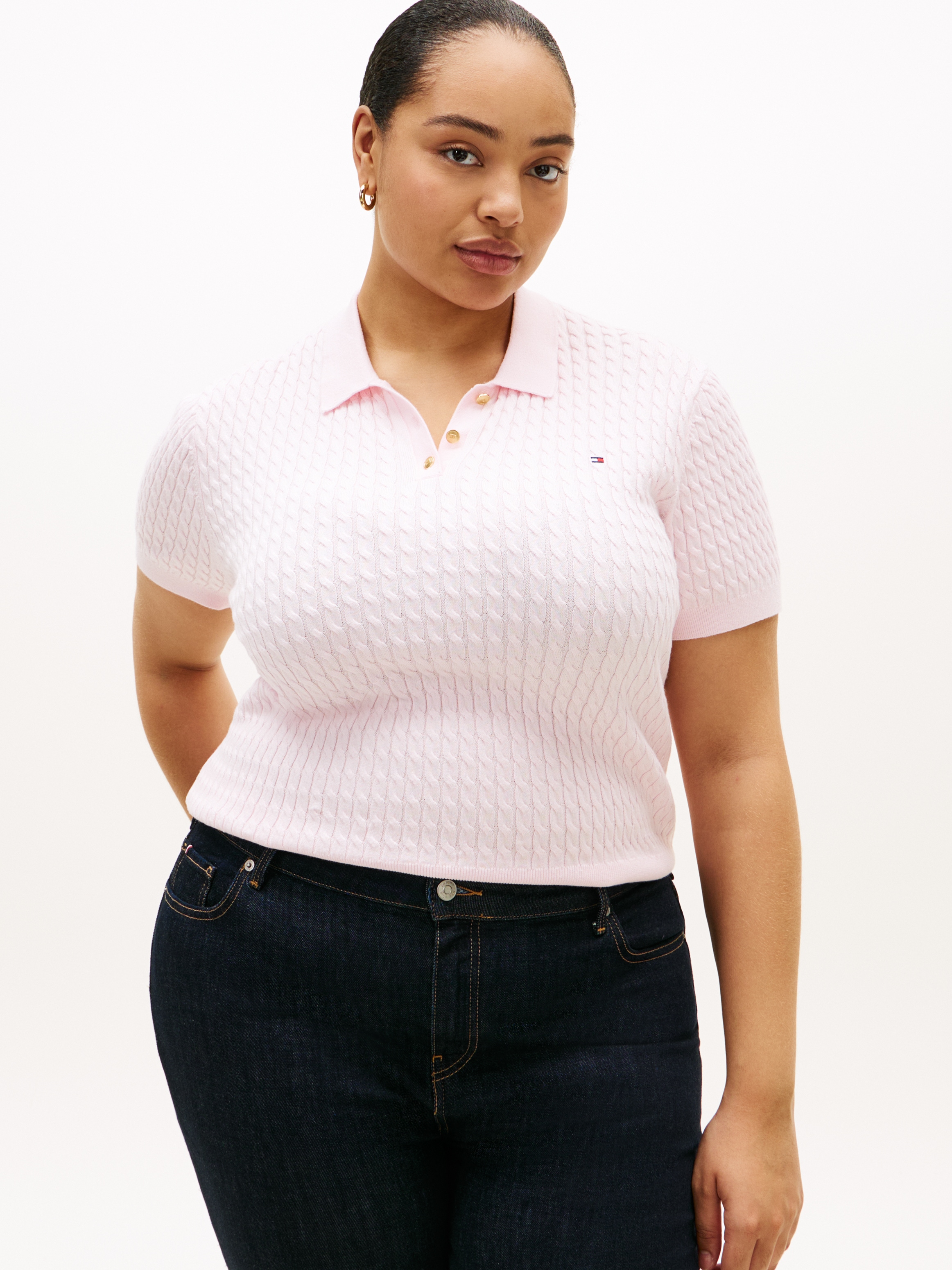 Image of Tommy Hilfiger Curve Polokragenpullover "CRV CO CABLE FINE GG POLO S/S" in grossen Grössen, mit Zopfmuster