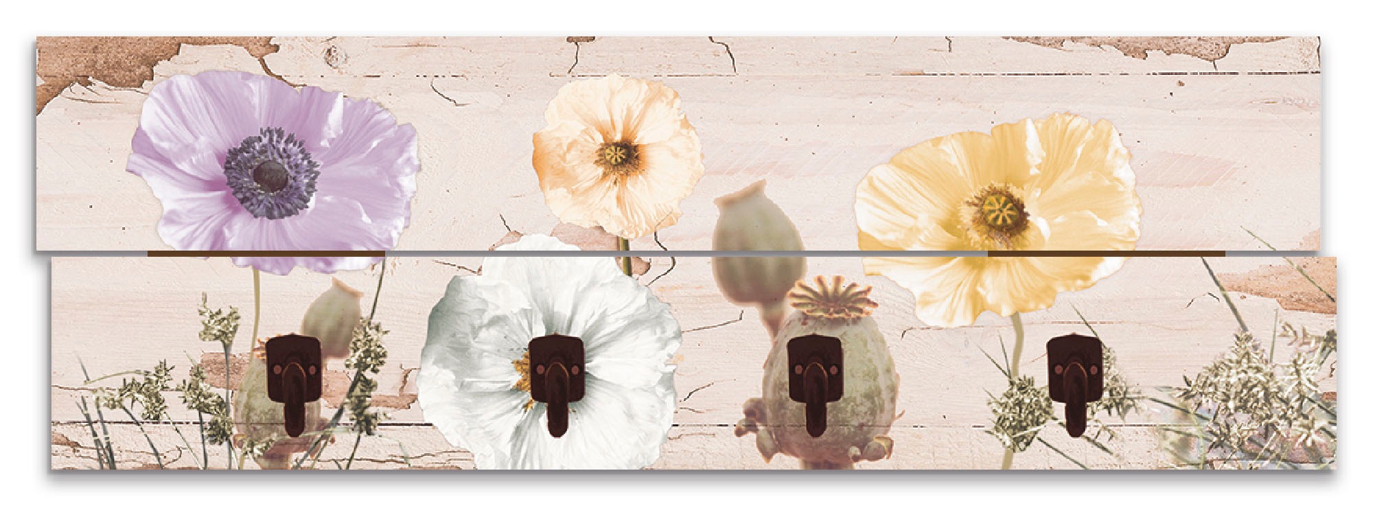 Image of Artland Garderobenleiste »Mohnblumen auf hölzernem Untergrund«, platzsparende Wandgarderobe aus Holz mit 4 Haken, geeignet für kleinen, schmalen Flur, Flurgarderobe bei Ackermann Versand Schweiz