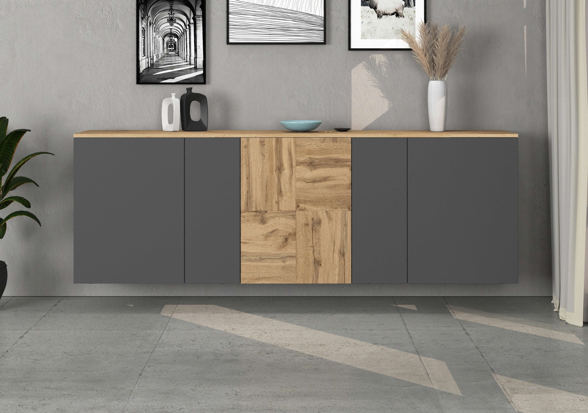 GOODproduct Sideboard »ISEO, Kommode, Schrank, Sideboard, Lowboard, 6 Fächer, Breite 200 cm« 1 Stk. tlg. stehend/hängend, 5 Türen, 6 Fächer, Breite 200 cm