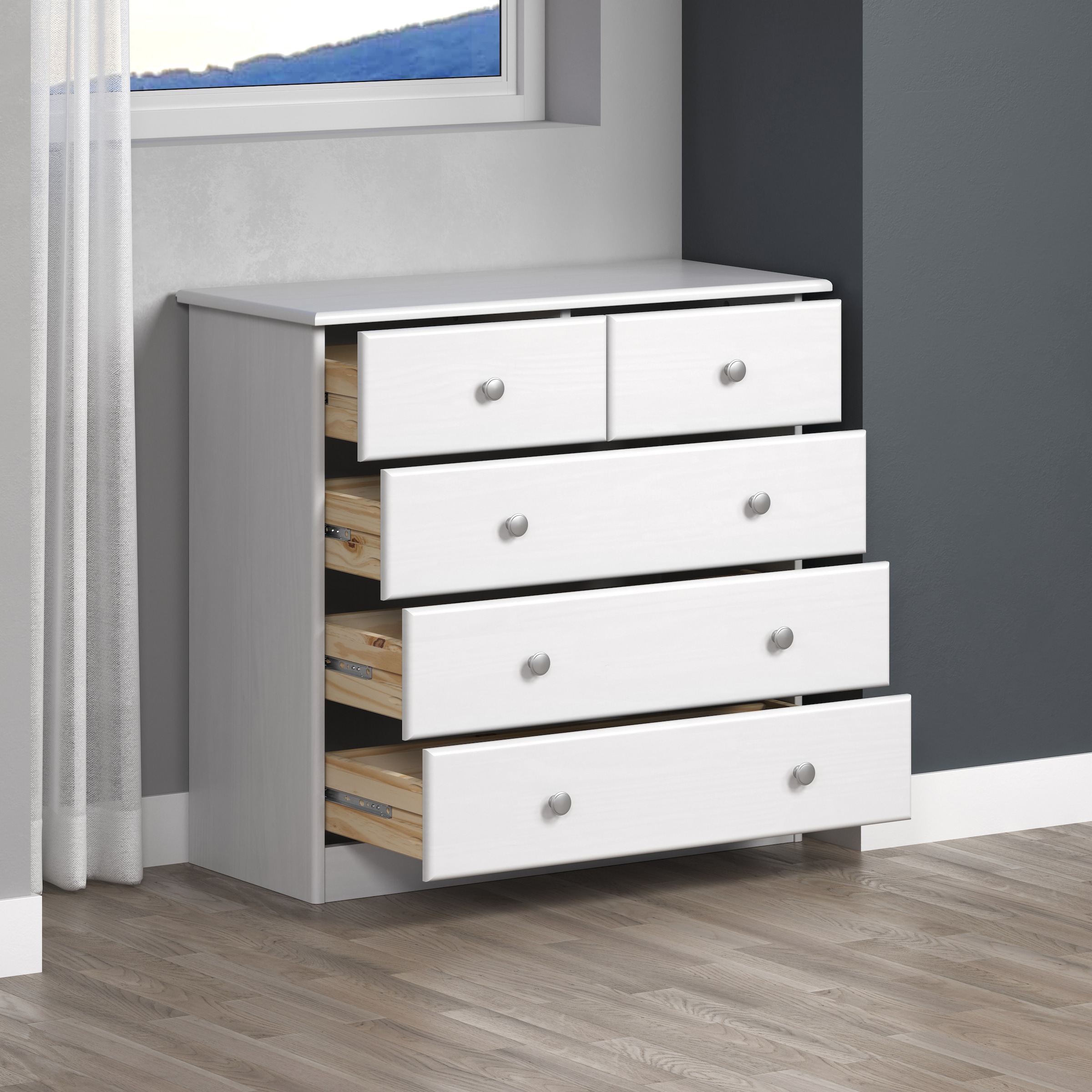 Home affaire Commode à tiroirs »Delsbo Kommode Wäscheschrank Beistellschrank Schrank Bestseller« Landhaus Design aus Kiefernholz, 1 cuis tlg. Massivholz Sideboard mit 5 Schubladen - Metall-Knopfgriffe