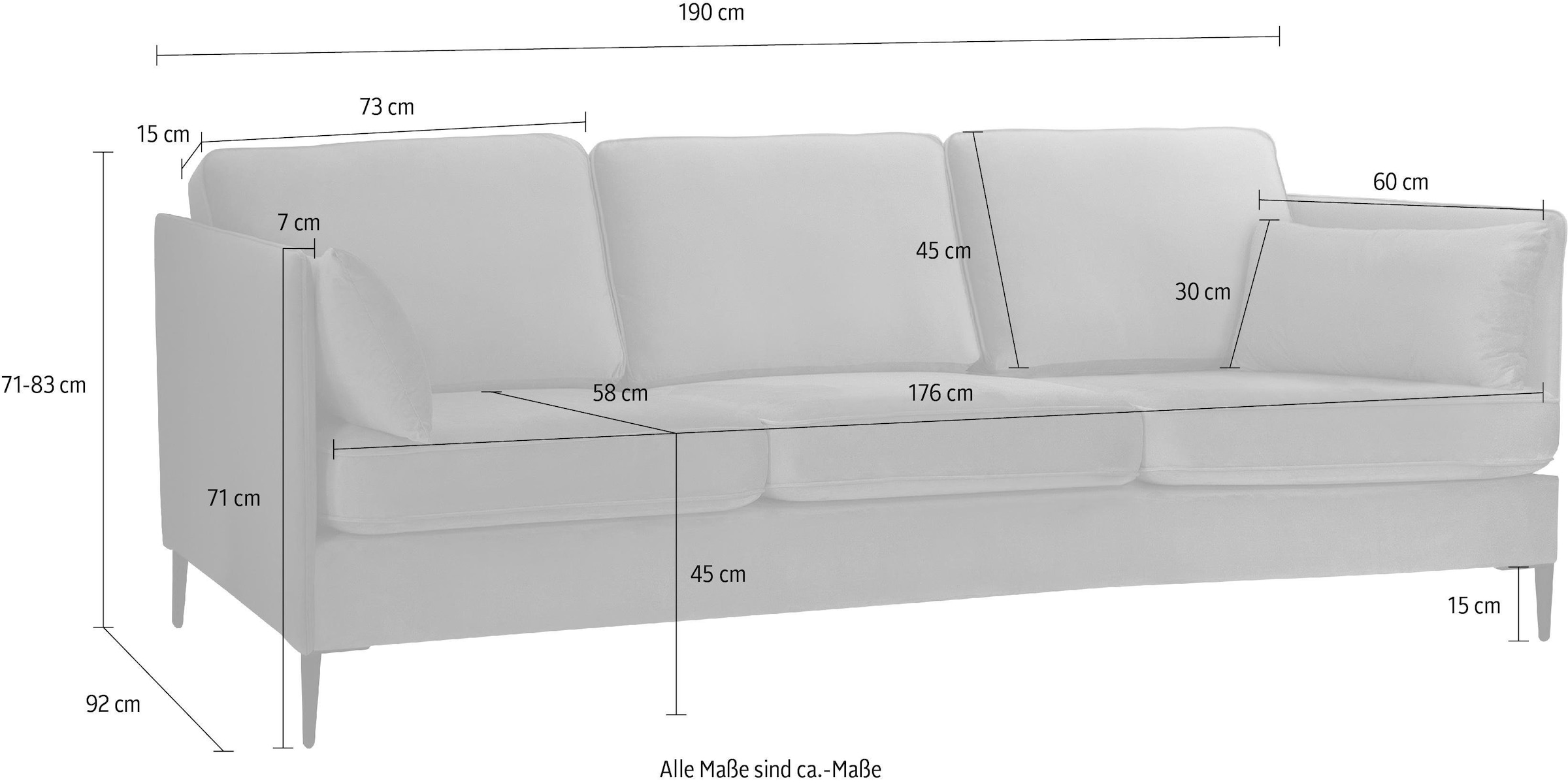 Home affaire 3-Sitzer »Light« inklusive loser Zierkissen, mit schmalen Armlehnen und Teleskopfüssen