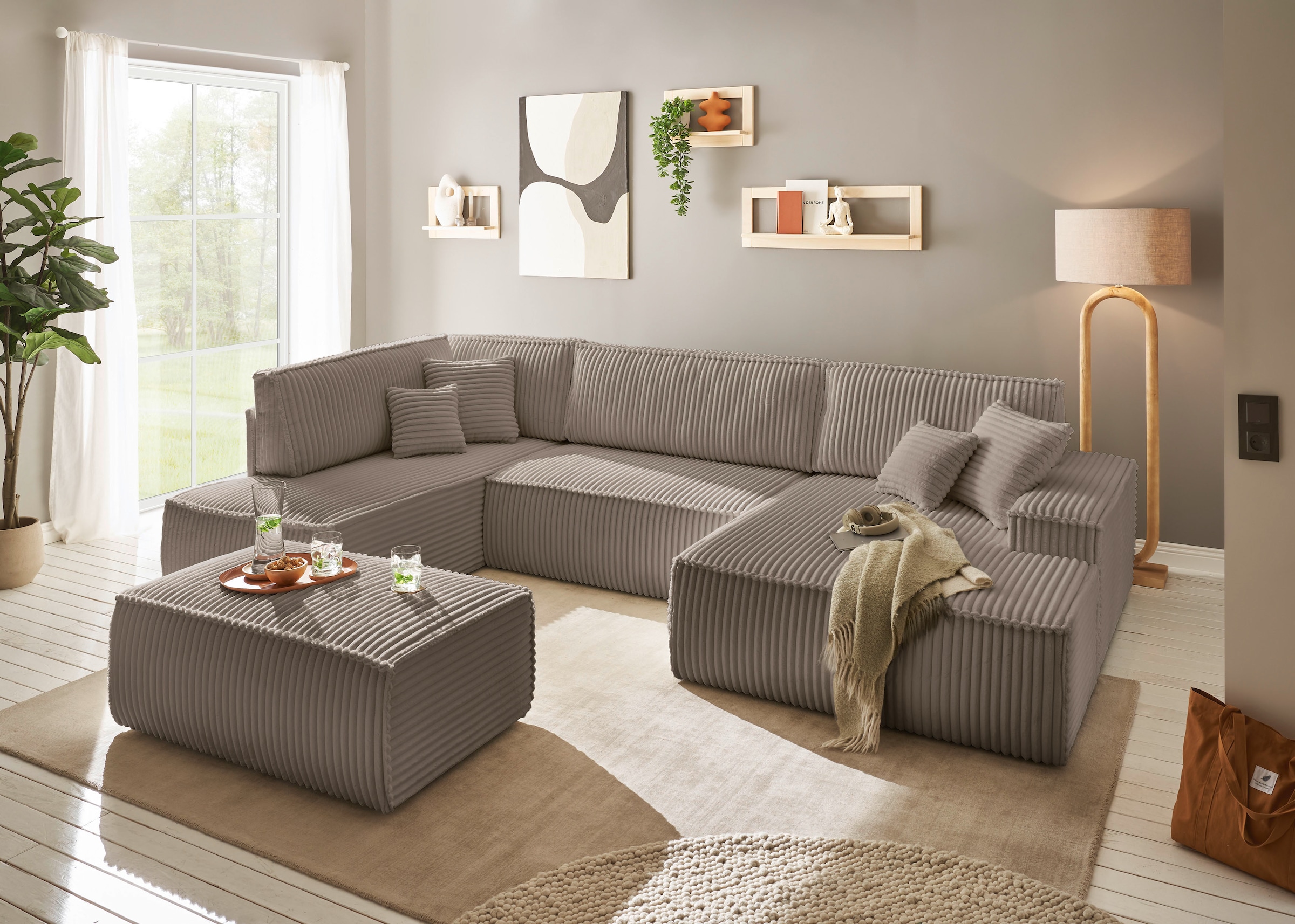 andas Wohnlandschaft »FINNLEY U-Form XXL 329 cm, Schlafsofa, Schlaffunktion m. Bettkasten«, (194/139 cm), Bouclé, Struktur und Cord