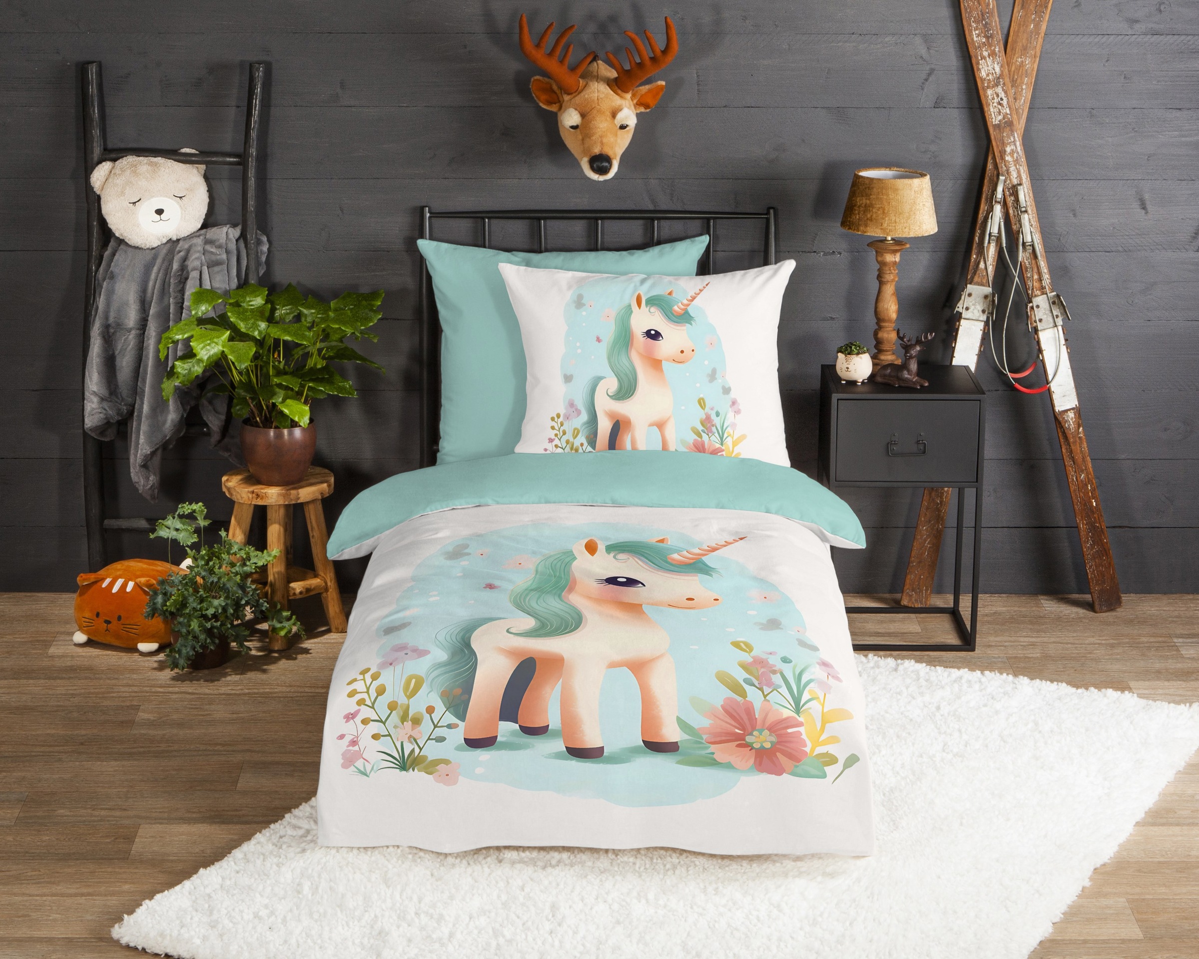 good morning Kinderbettwäsche »One«, Flanell, Biber, 135x200, Warm, Wende, Mädchen, Einhorn, Weiss, Türkis