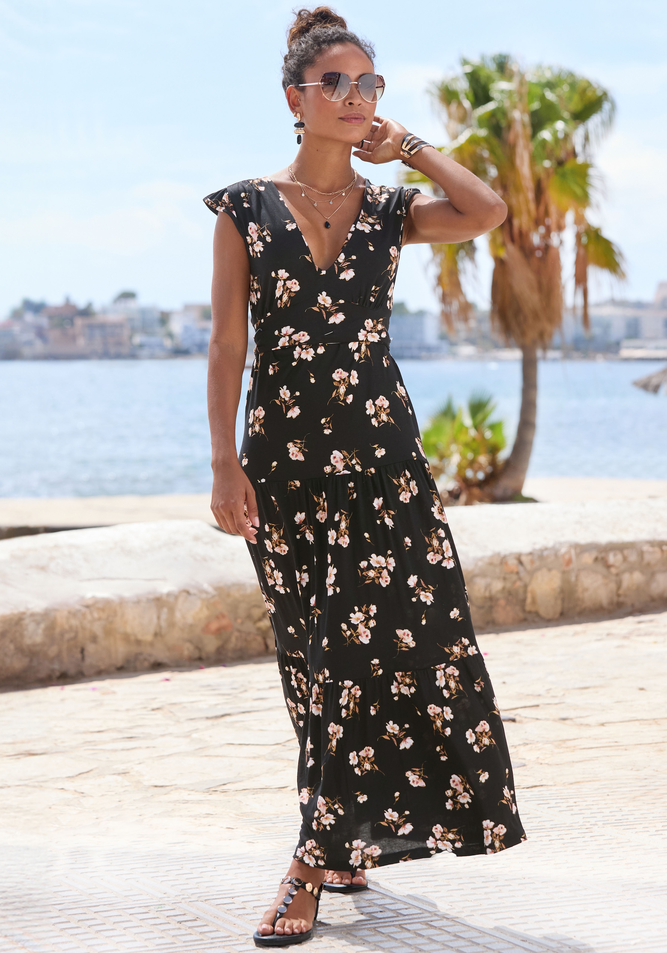 Image of Vivance Maxikleid "mit V-Ausschnitt und Blumendruck" Ohne Taschen langes Jerseykleid, Viskosekleid, Sommerkleid