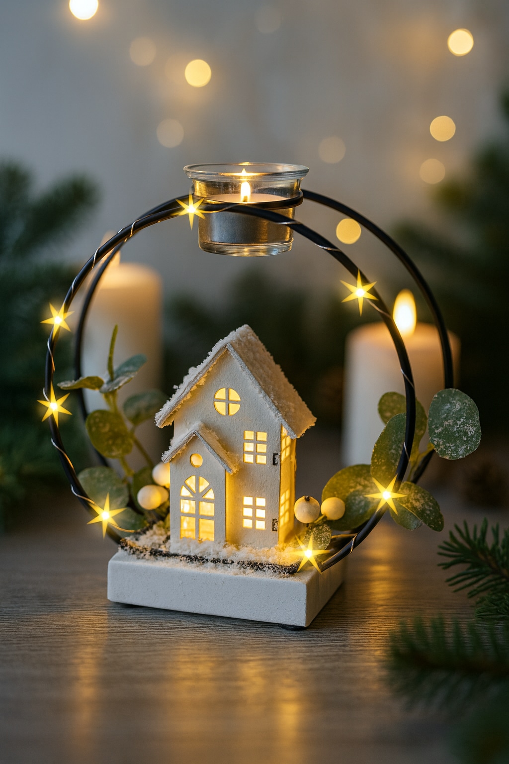 I.GE.A. Kunstkranz »Teelichthalter Deko-Kranz« Mit LED Licht Teelichtkerze Eukalyptus Haus Lichterkette