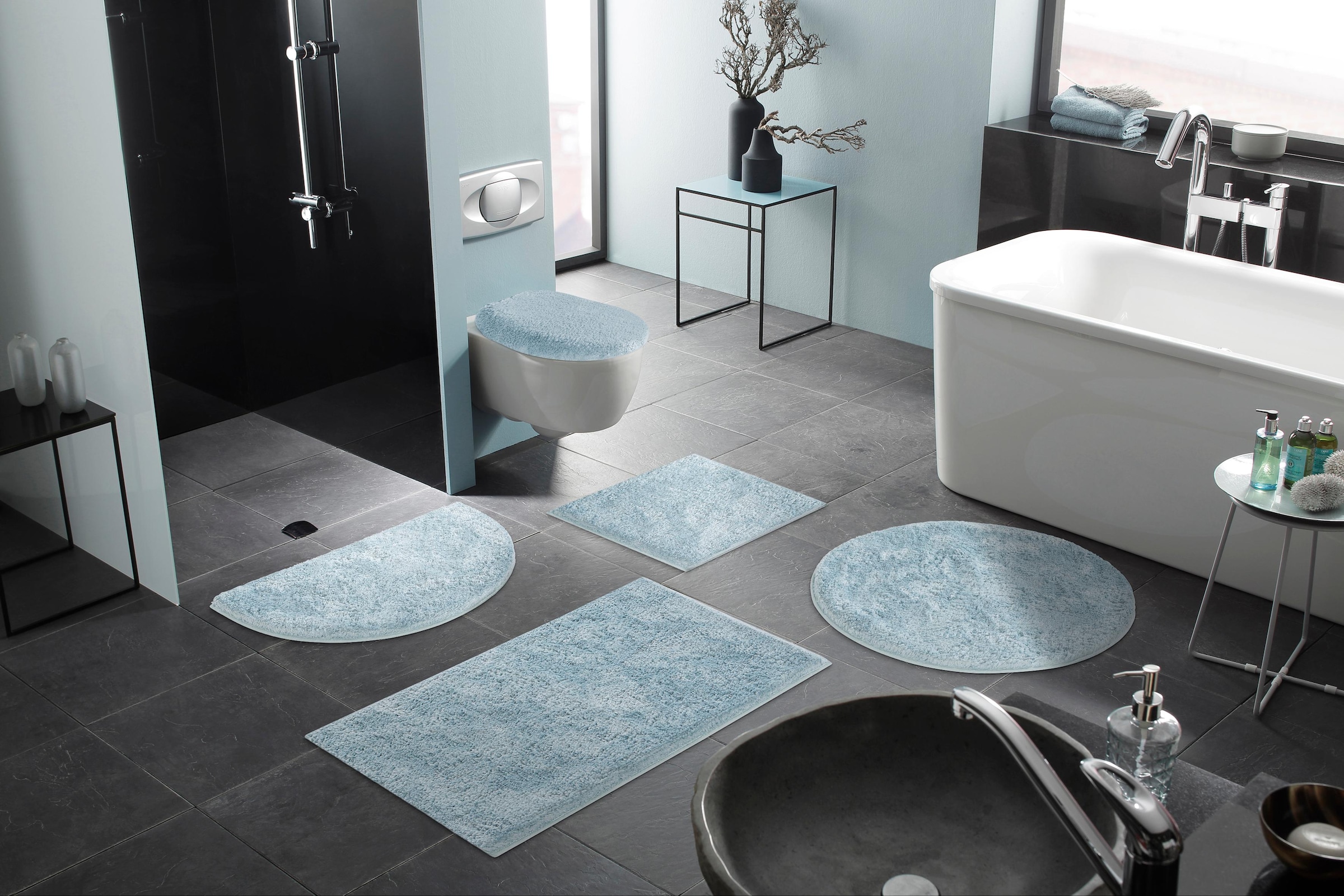 my home Badematte »Jos, Badvorleger, Badezimmer Teppich«, rutschhemmend beschichtet, fussbodenheizungsgeeignet-schnell trocknend, Badematten in Pastell-Farben, Badteppich als 3 teiliges Set erhältlich