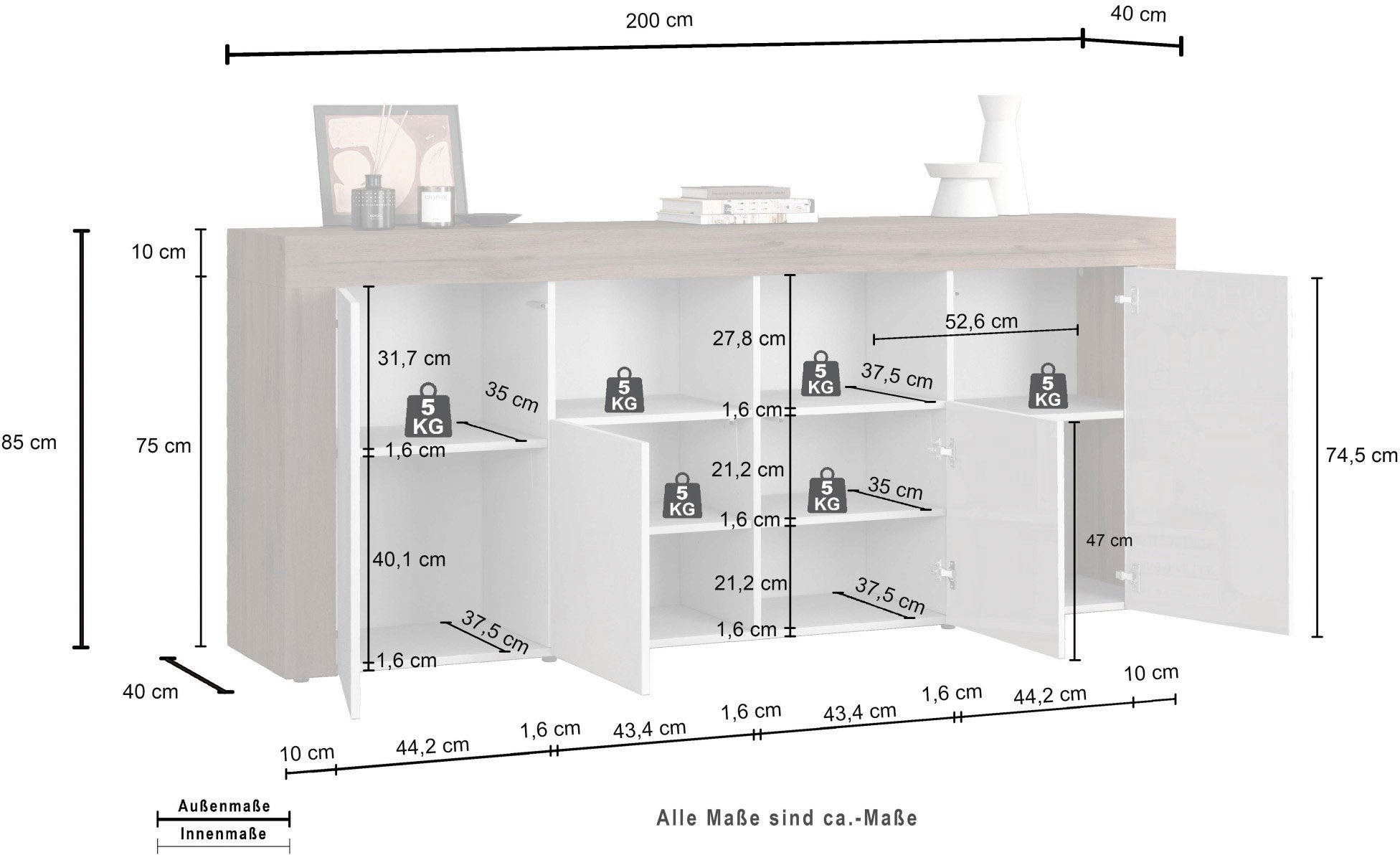 GOODproduct Sideboard »CHRONOS Breite 200 cm  mit 4 Türen, 2 offene und 8 geschlossene Fächer« 1 Stk. tlg. Sideboard,Kommode, Schrank, Grifflos mit Push to Open, Made in Italy