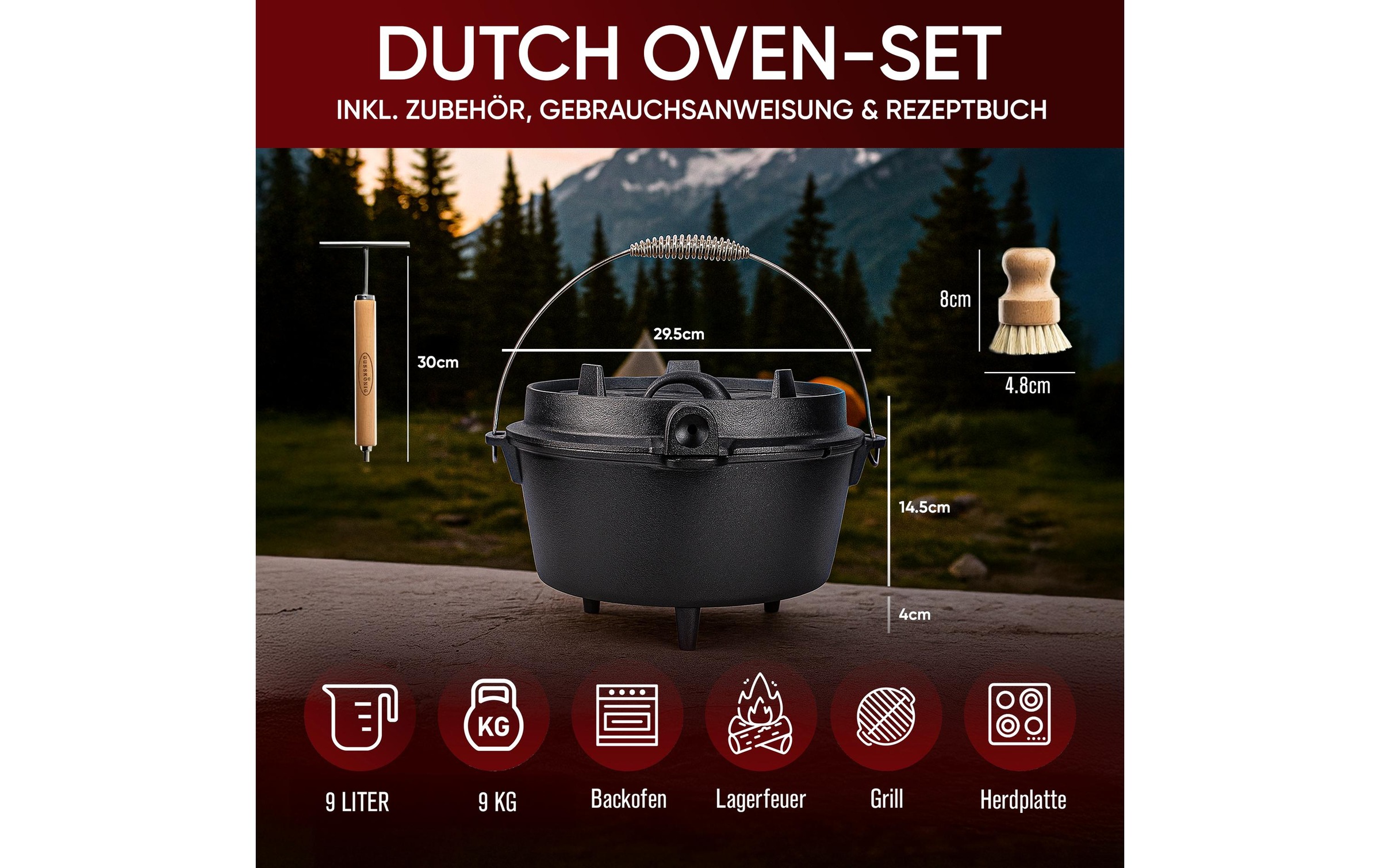  Marmite à barbecue »Gusskoenig Dutch Oven Set 9 l mit Deckelheber, Bürste« Set mit 2in1 Deckelheber und Reinigungsbürste