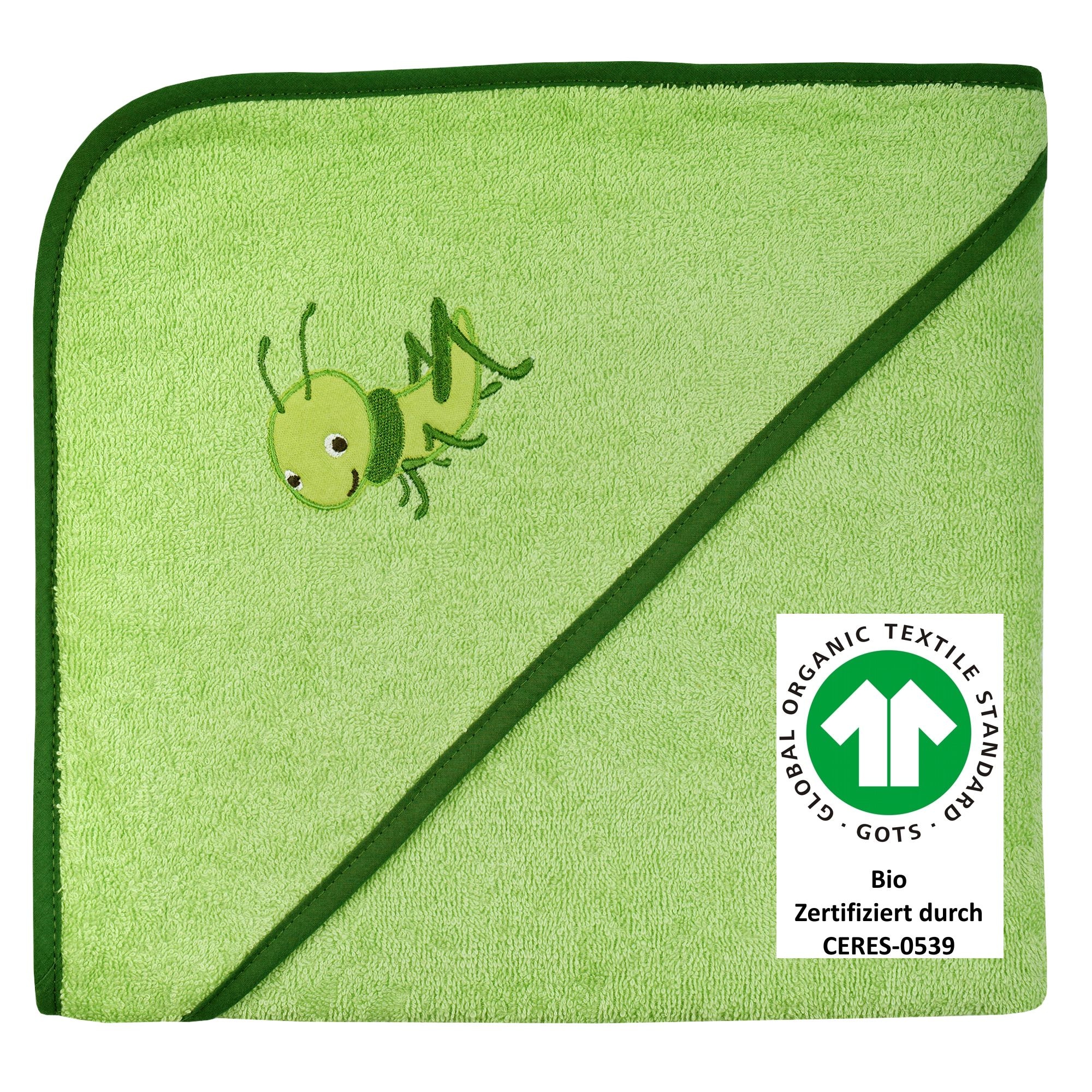 Image of Wörner Kapuzenhandtuch "Grashüpfer 100/100" Biobaumwolle, mit Kapuze, maschinenwaschbar, trocknergeeignet