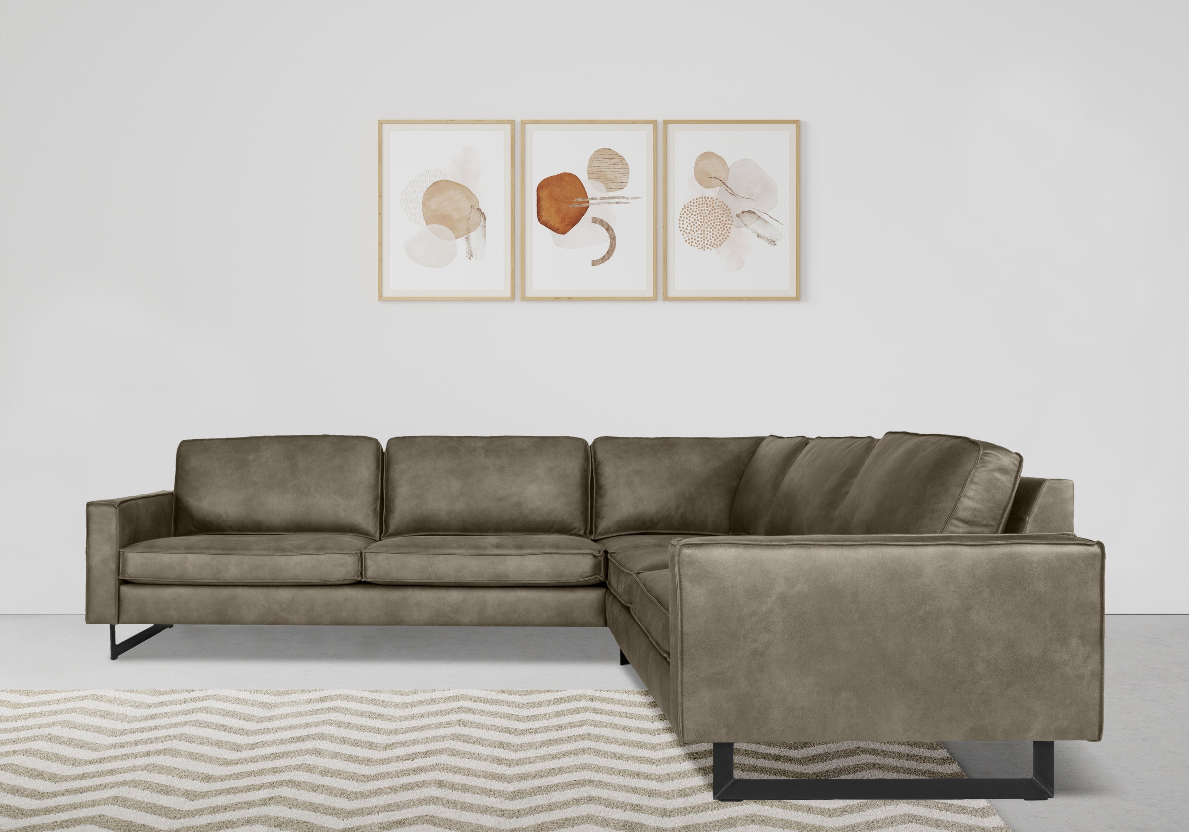 Places of Style Ecksofa »Pinto, XXL, 250/290 cm, langer Schenkel, Ottomane«, Cord, Chenille, Lederoptik, mit Keder, Metallfüsse, Wellenunterfederung