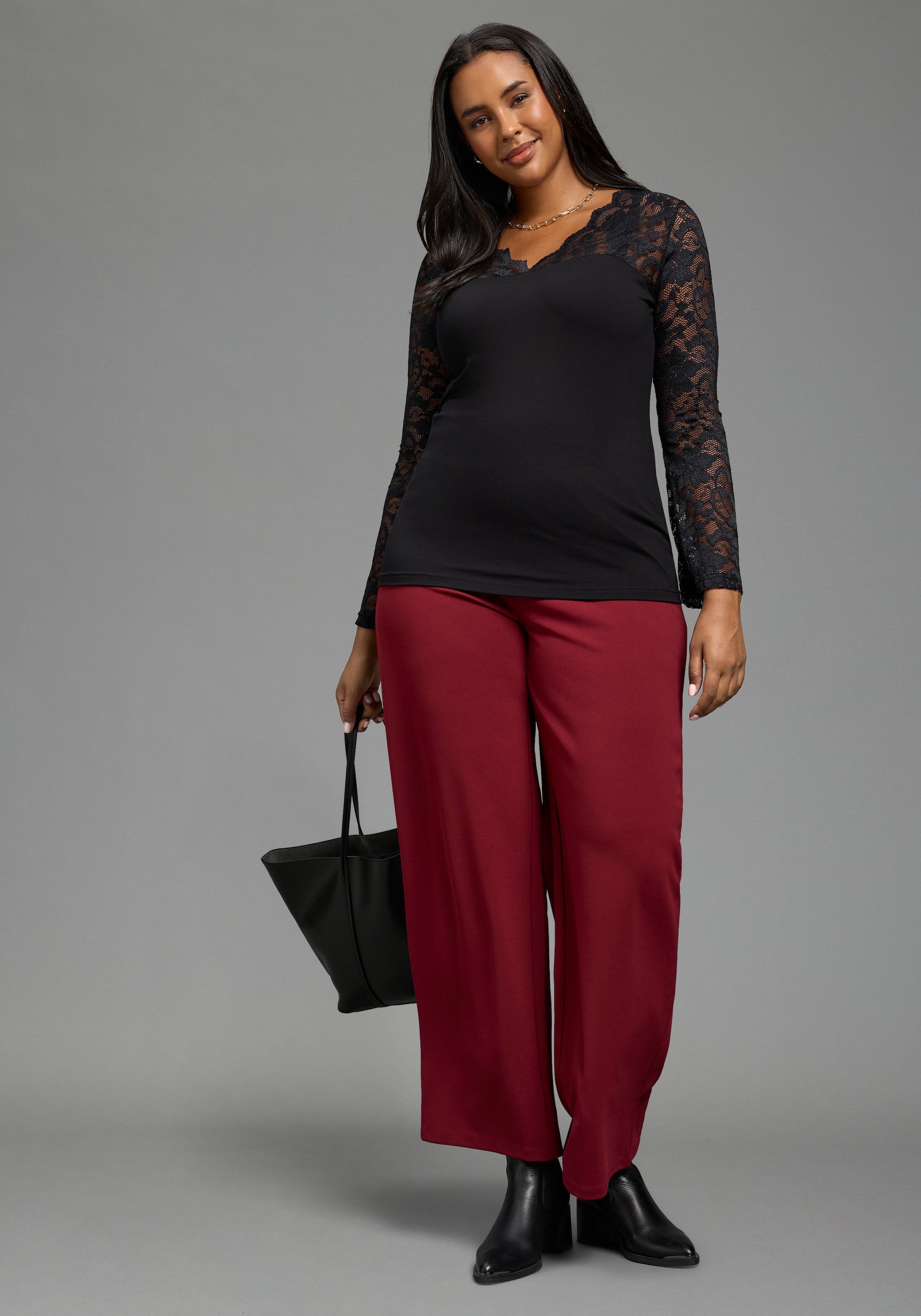 Laura Scott CURVE Chemise en dentelle »Grosse Grössen« coupe ajustée, col en V, manches longues, longueur hanches