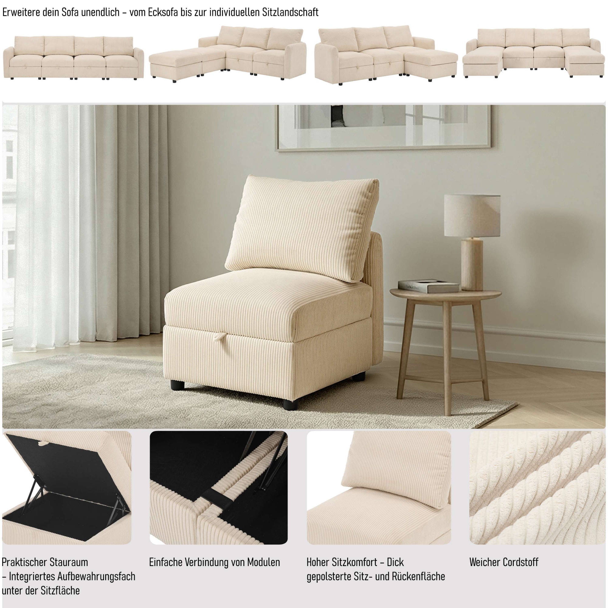 Dorel Home Fauteuil »STILHUS Sofa-Mittel-Element, mit Stauraum, Breite 65 cm, Cord-Bezug« peut être utilisé comme module ou séparément - combinable individuellement