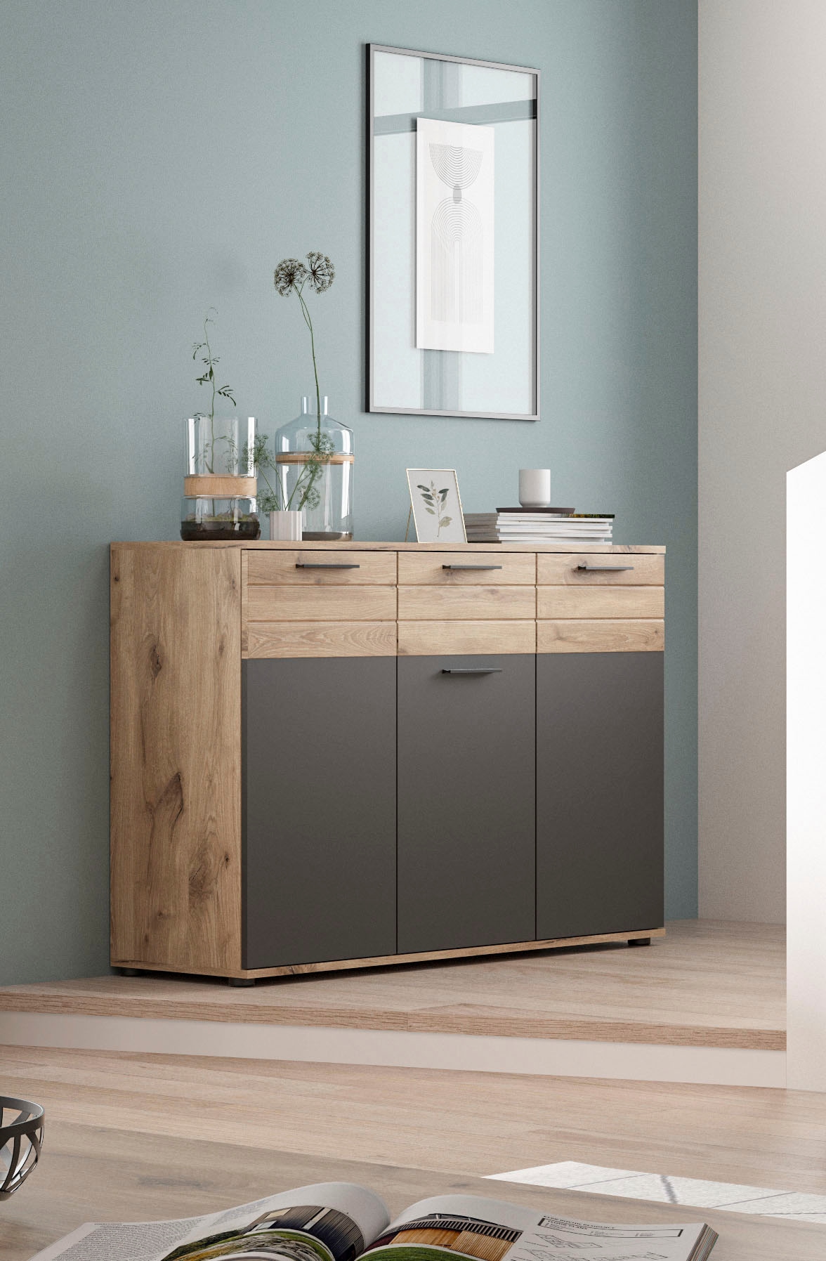 INOSIGN Sideboard »Riga, Breite 120cm, 3 Türen, 1 Schubkasten, 5 Einlegeböden, 8 Fächer« hochwertige Rillenfräsung, mit Softclose, Kommode, Anrichte, Schrank