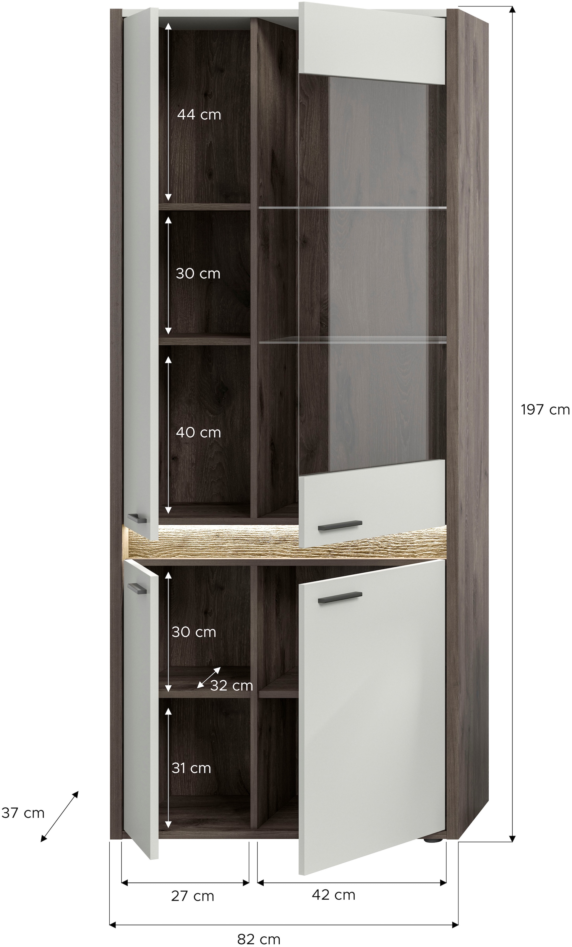 INOSIGN Vitrine »Treviso, Höhe 198 cm, inkl. Frontbeleuchtung, 4 Türen, 2 Glasböden« 4 Einlegeböden, Standvitrine, Glasvitrine, Vitrinenschränke