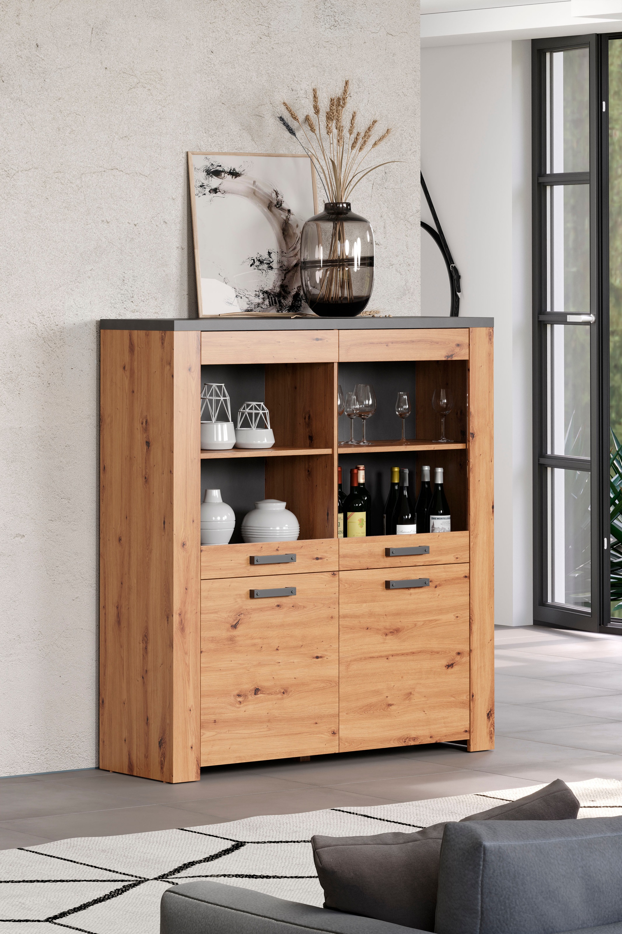 Home affaire Highboard »Ambres«, (1 St.), Vitrine, Echtholzoptik, ca. Masse BxH: 127x139 cm