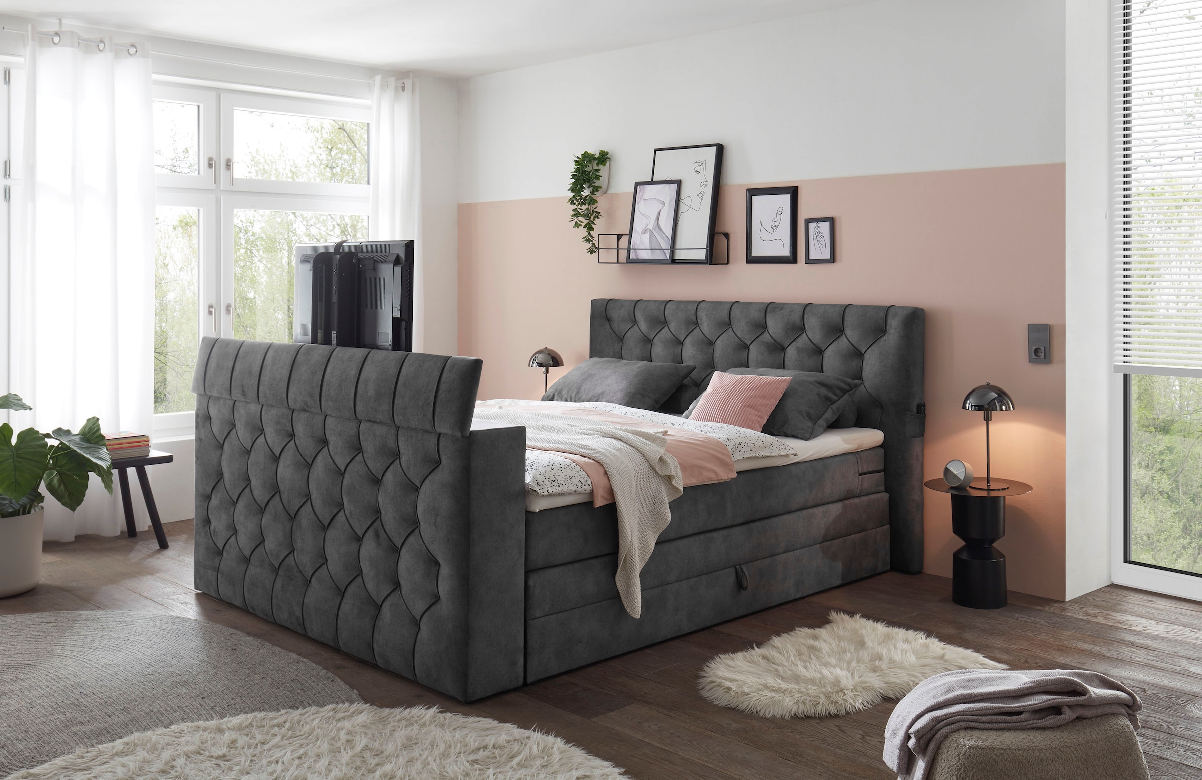 ED EXCITING DESIGN Lit boxspring »Springdale« mit Bettkasten, motorisierter TV-Halterung, Duo-Matratze (H3/H4)