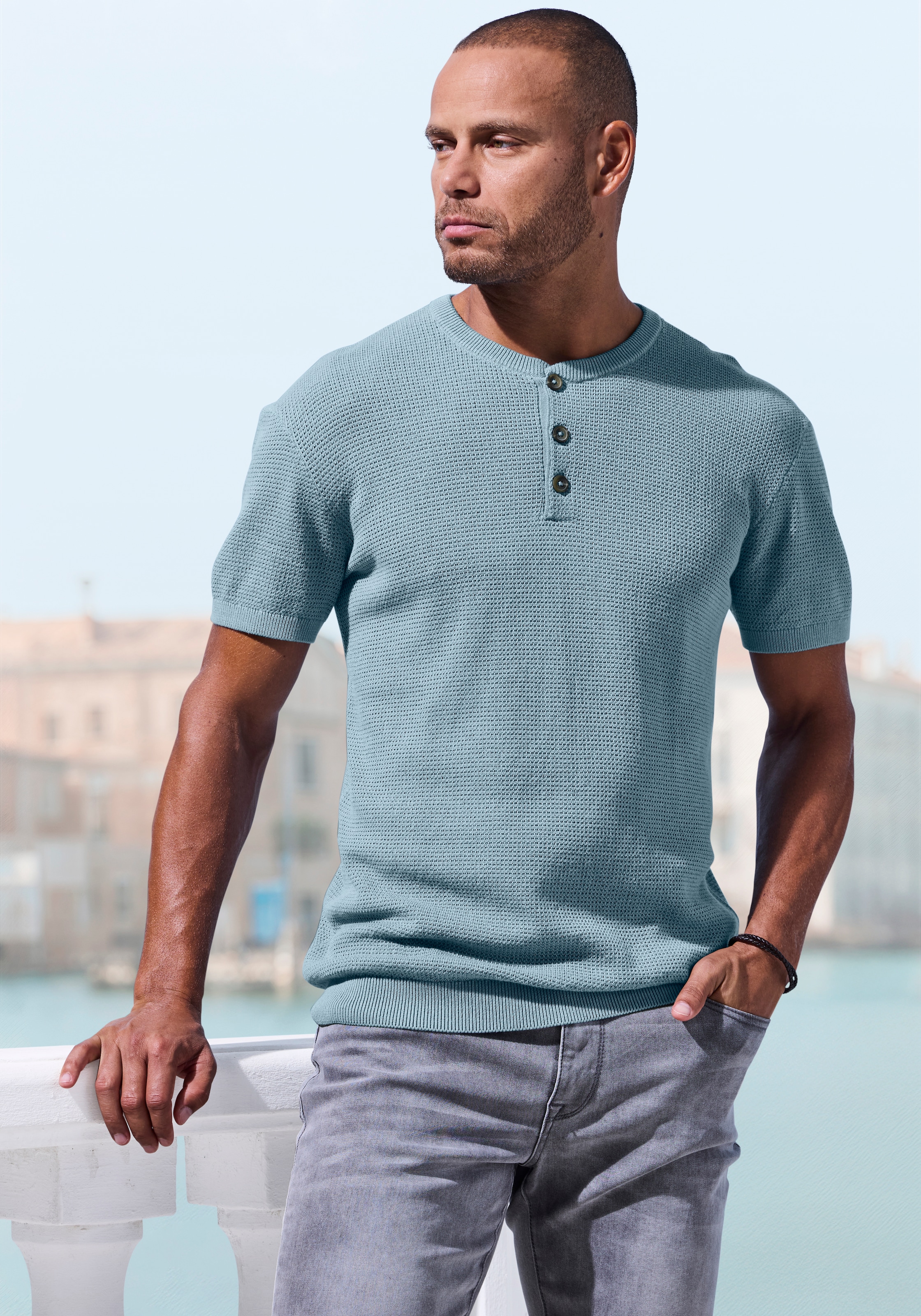 John Devin Kurzarmshirt »- Strickshirt« Rundhalsausschnitt mit kleiner Knopfleiste