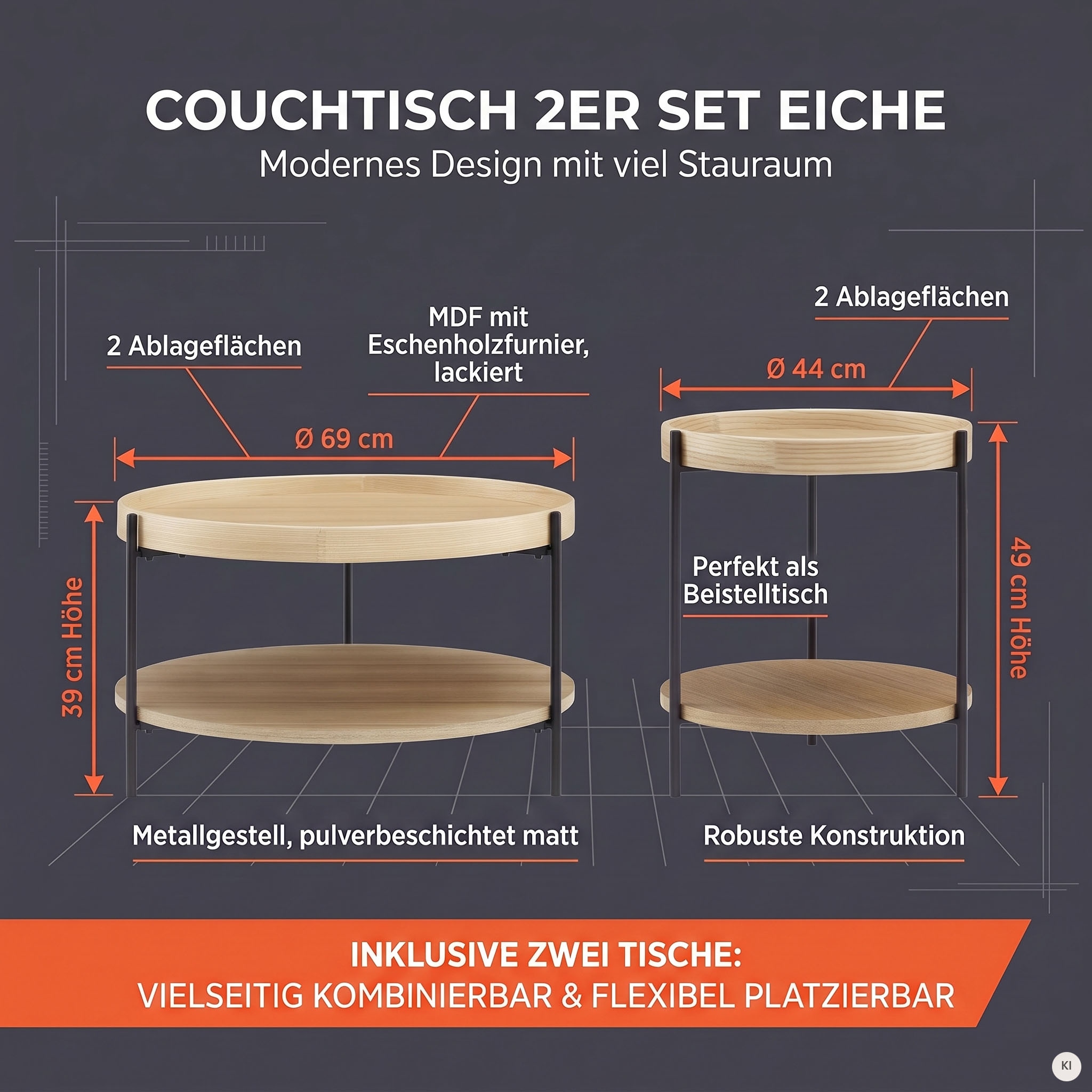 SalesFever Couchtisch »Chicago Couchtisch-Set rund 2-teilig mit 2 Ablageflächen« Set, 2 Stk. tlg. Moderner Wohnzimmertisch mit zusätzlichem Stauraum