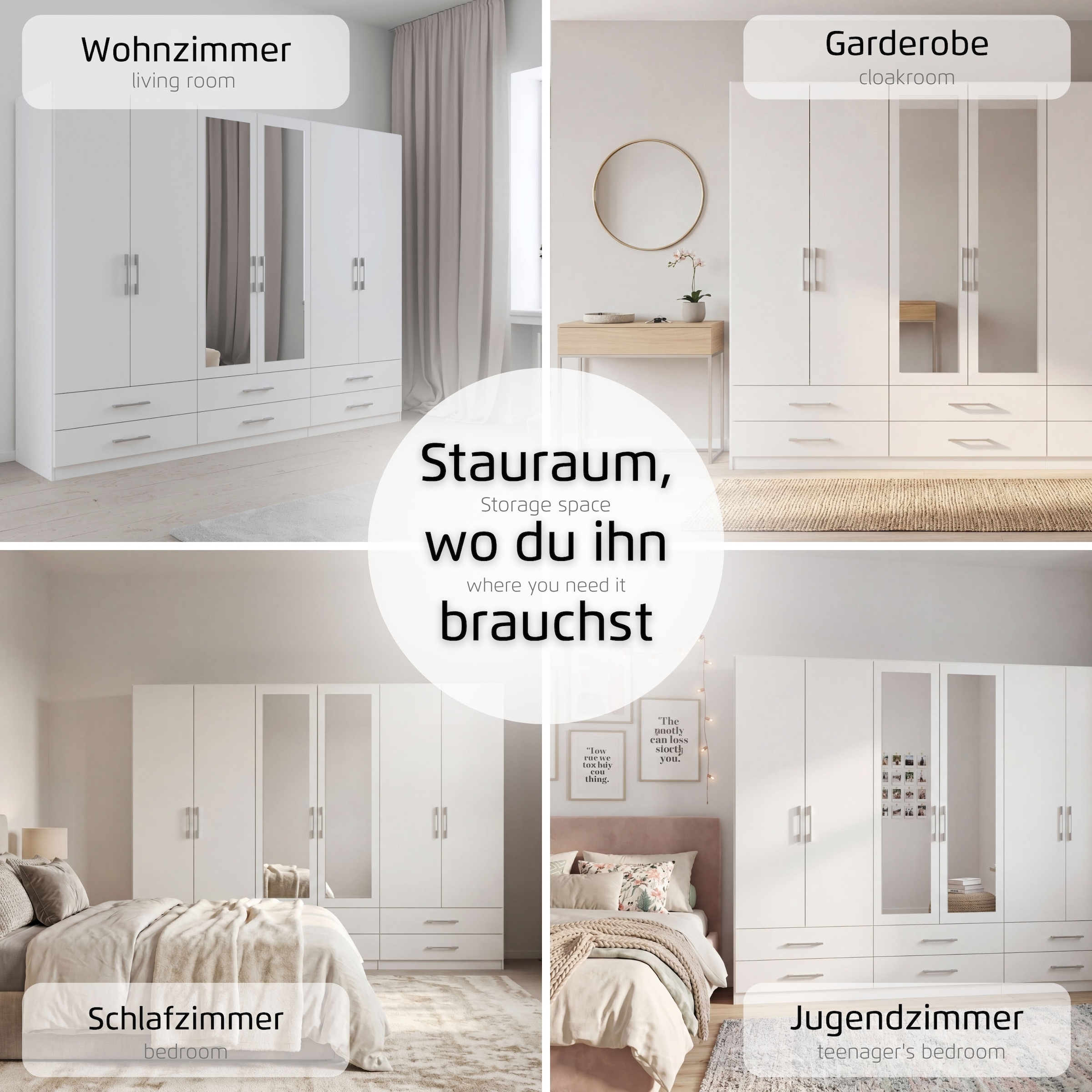 rauch Armoires à vêtements »Schrank Garderobenschrank Mehrzweckschrank Schlafzimmer HERSBRUCK« 3 finitions différentes BASIC/CLASSIC/PREMIUM (incl. soft-close),  avec tiroirs spacieux ainsi que portes-miroirs FABRIQUÉ EN ALLEMAGNE