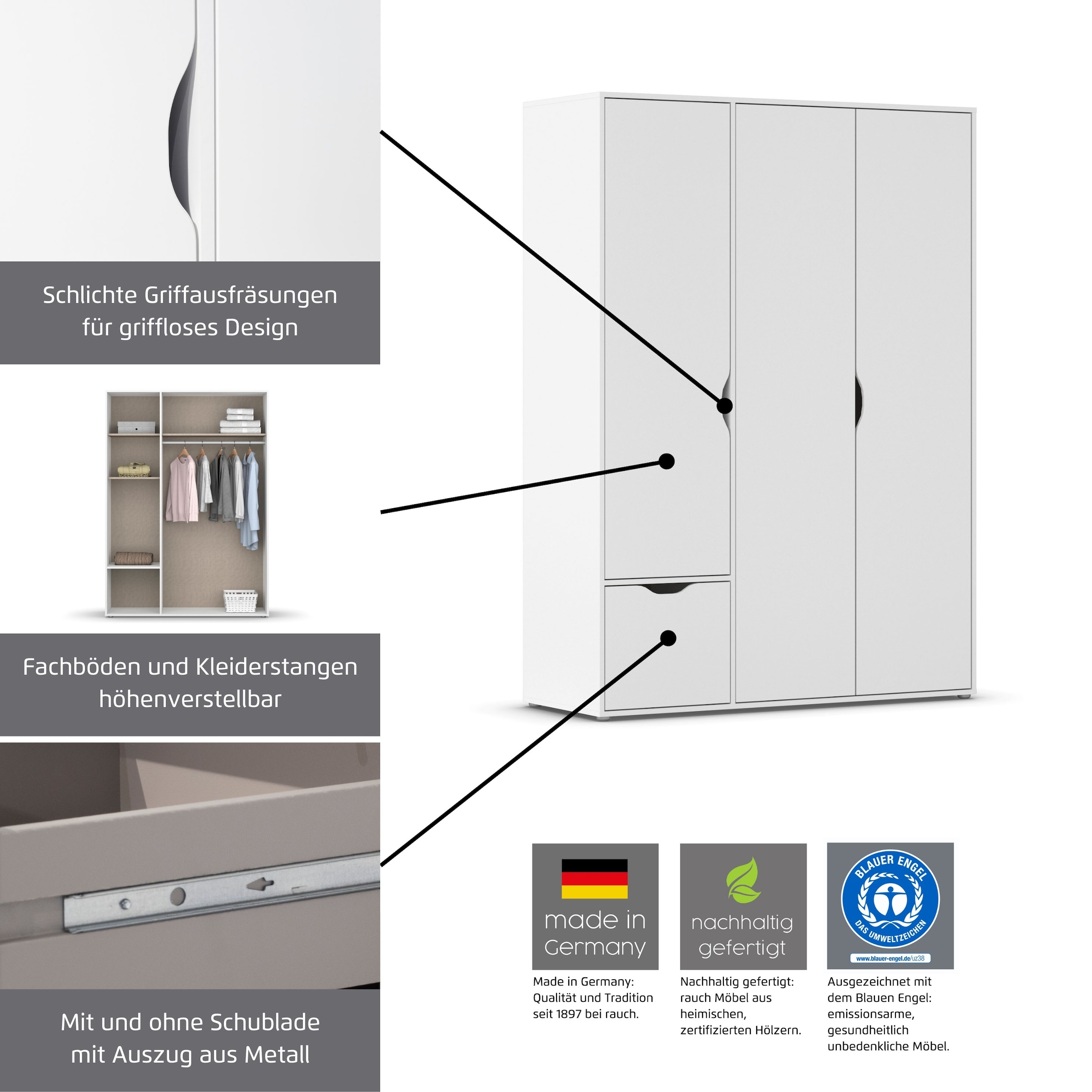 rauch Kleiderschrank »Drehtürenschrank Schrank Garderobe Wäscheschrank NARAI mit Schubladen« in 3 verschiedenen Ausstattungen BASIC/CLASSIC/PREMIUM,  Griffausfräsungen für eine grifflose Optik TOPSELLER MADE IN GERMANY