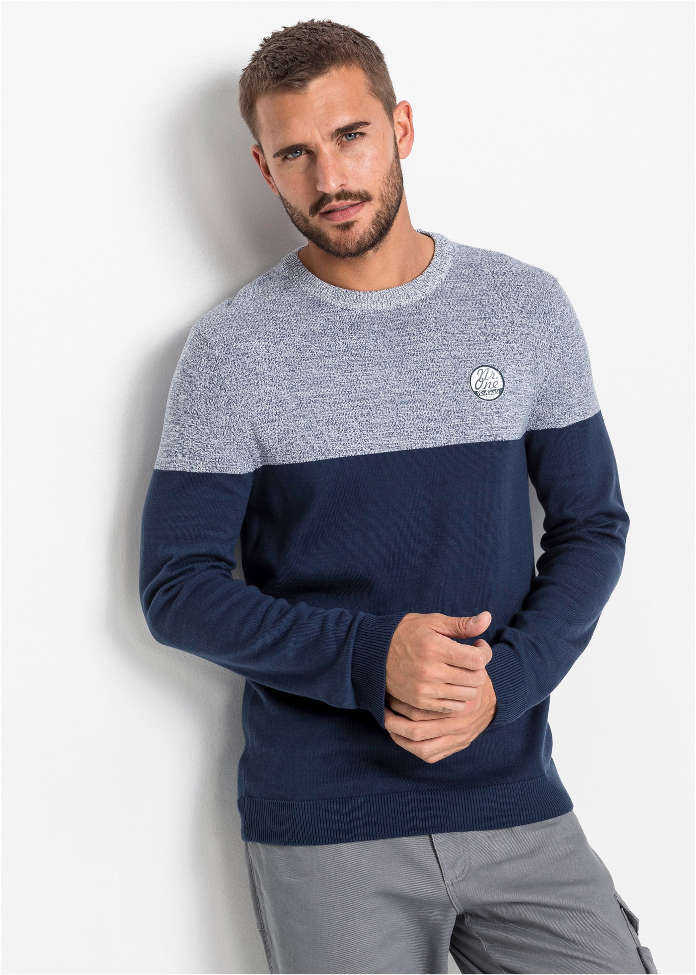 Image of bonprix Strickpullover "Feinstrickpullover im Colourblocking mit Baumwolle" aus Baumwolle und Polyacryl, mit Rundhalsausschnitt, Regular Fit