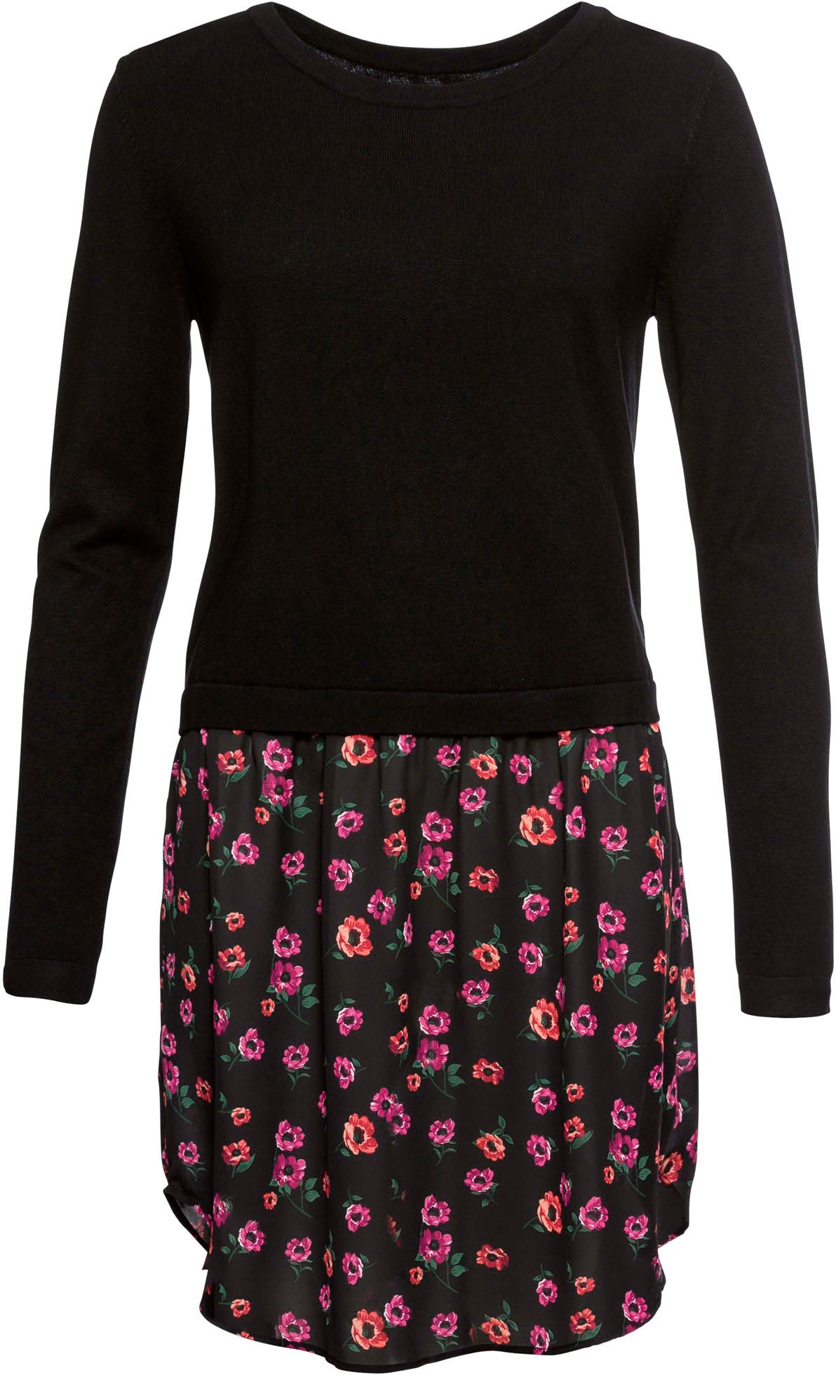 bonprix Pull en tricot »Feinstrickpullover mit Rockansatz« mit Materialmix, runder Halsausschnitt, mehrfarbige Optik