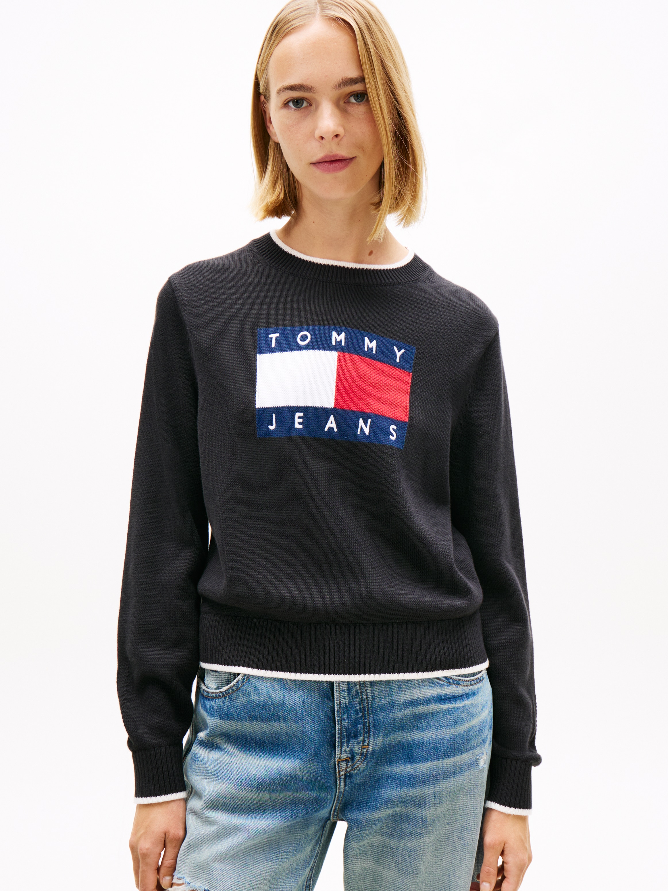 Image of Tommy Jeans Strickpullover "TJW TIPPING FLAG SWEATER EXT" mit Logo-Intarsie, Relaxed Fit